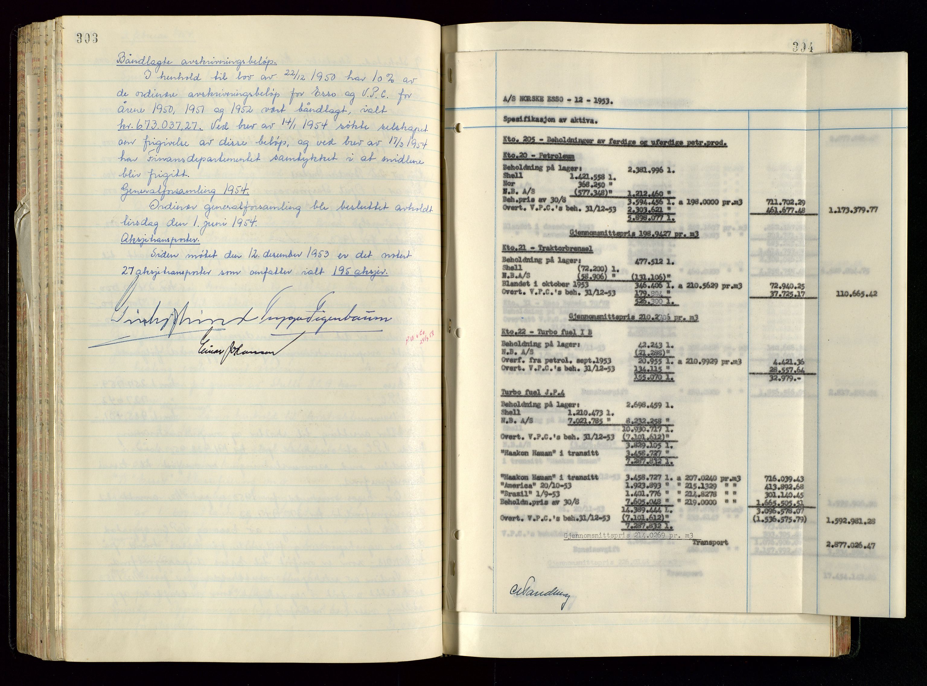 PA 1534 - Østlandske Petroleumscompagni A/S, AV/SAST-A-101954/A/Aa/L0005/0001: Direksjonsprotokoller / Den Administrerende Direksjon alle selskaper (referatprotokoll), 1943-1958, p. 303-304