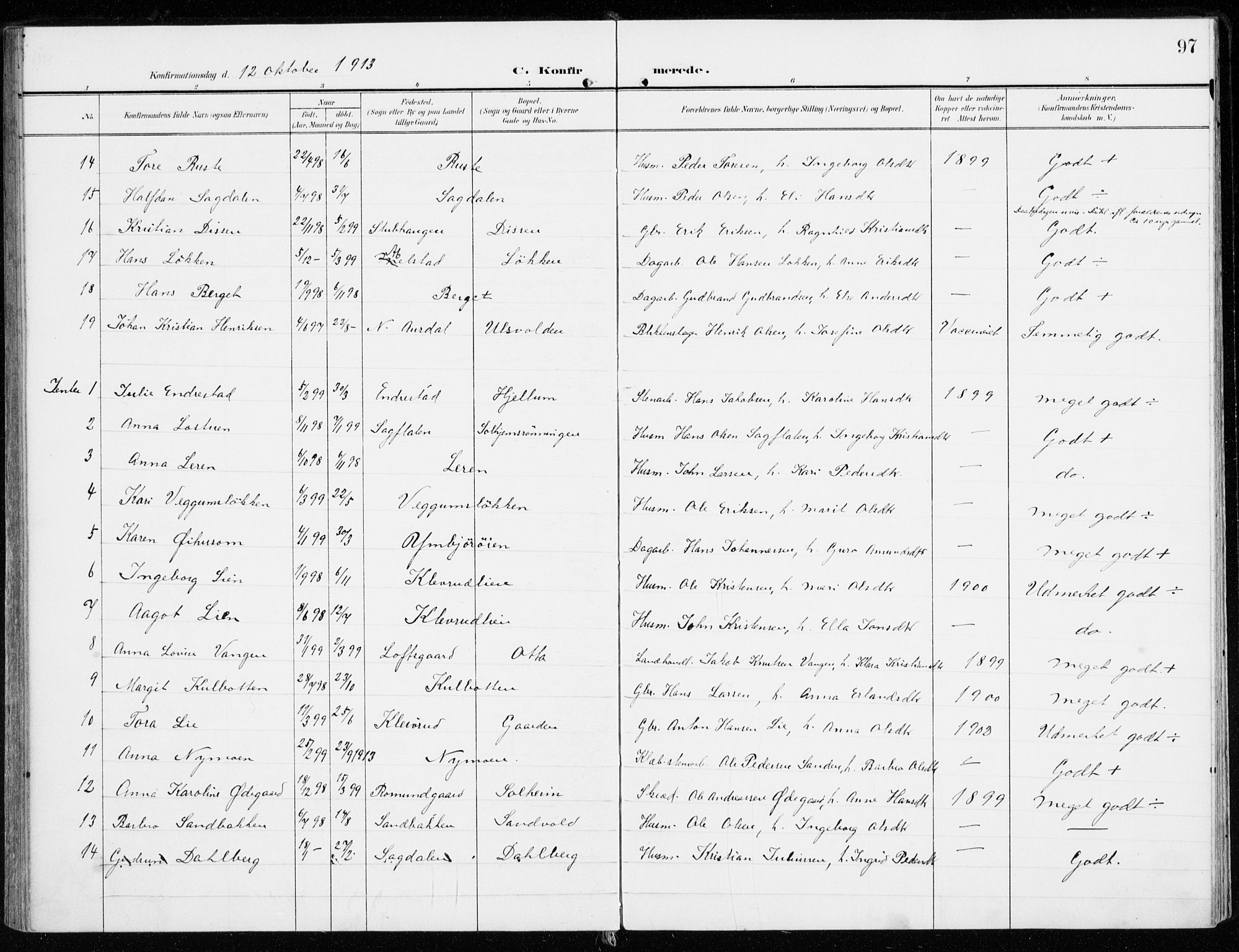 Sel prestekontor, SAH/PREST-074/H/Ha/Haa/L0002: Parish register (official) no. 2, 1905-1919, p. 97