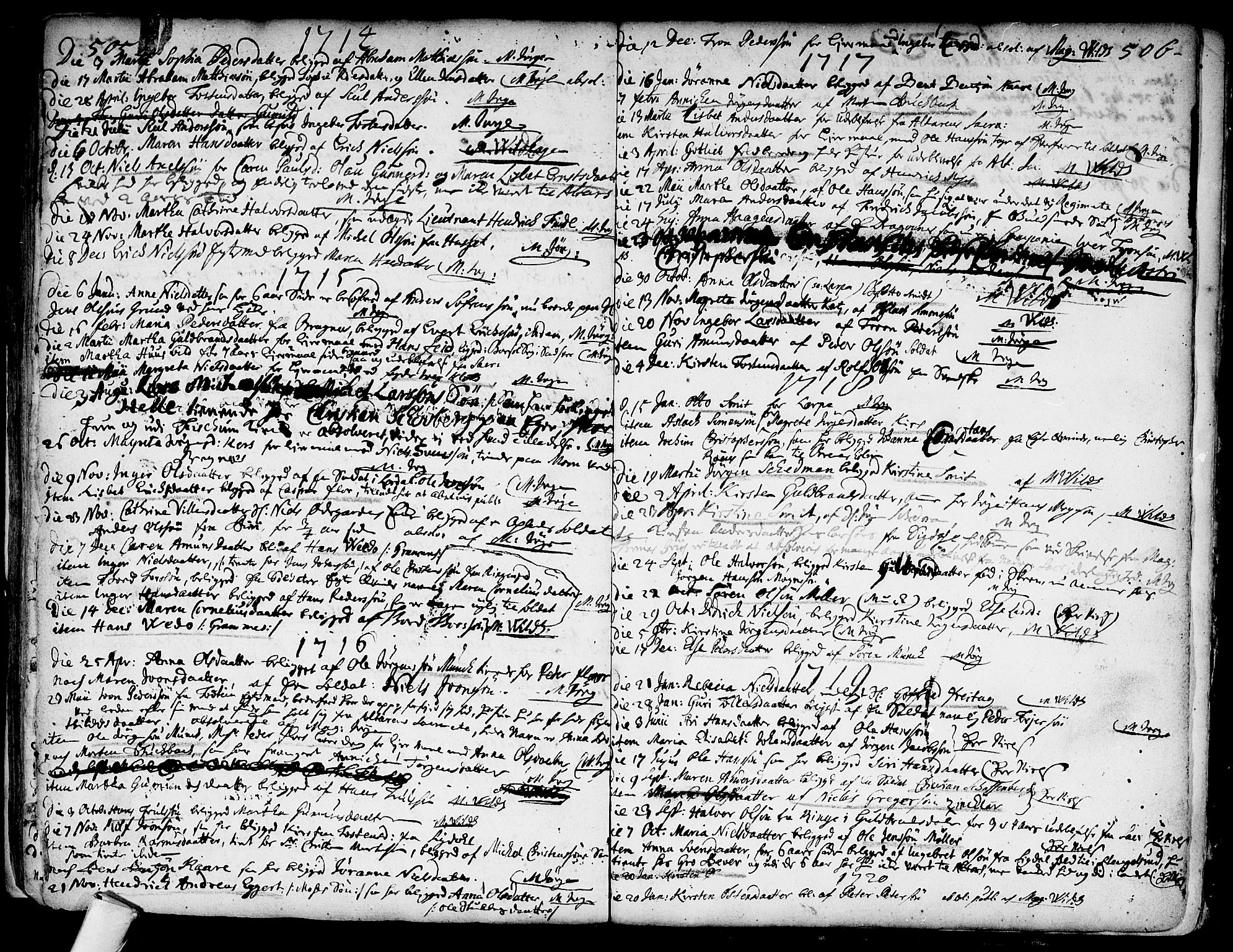 Kongsberg kirkebøker, AV/SAKO-A-22/F/Fa/L0001: Parish register (official) no. I 1, 1696-1720, p. 505-506