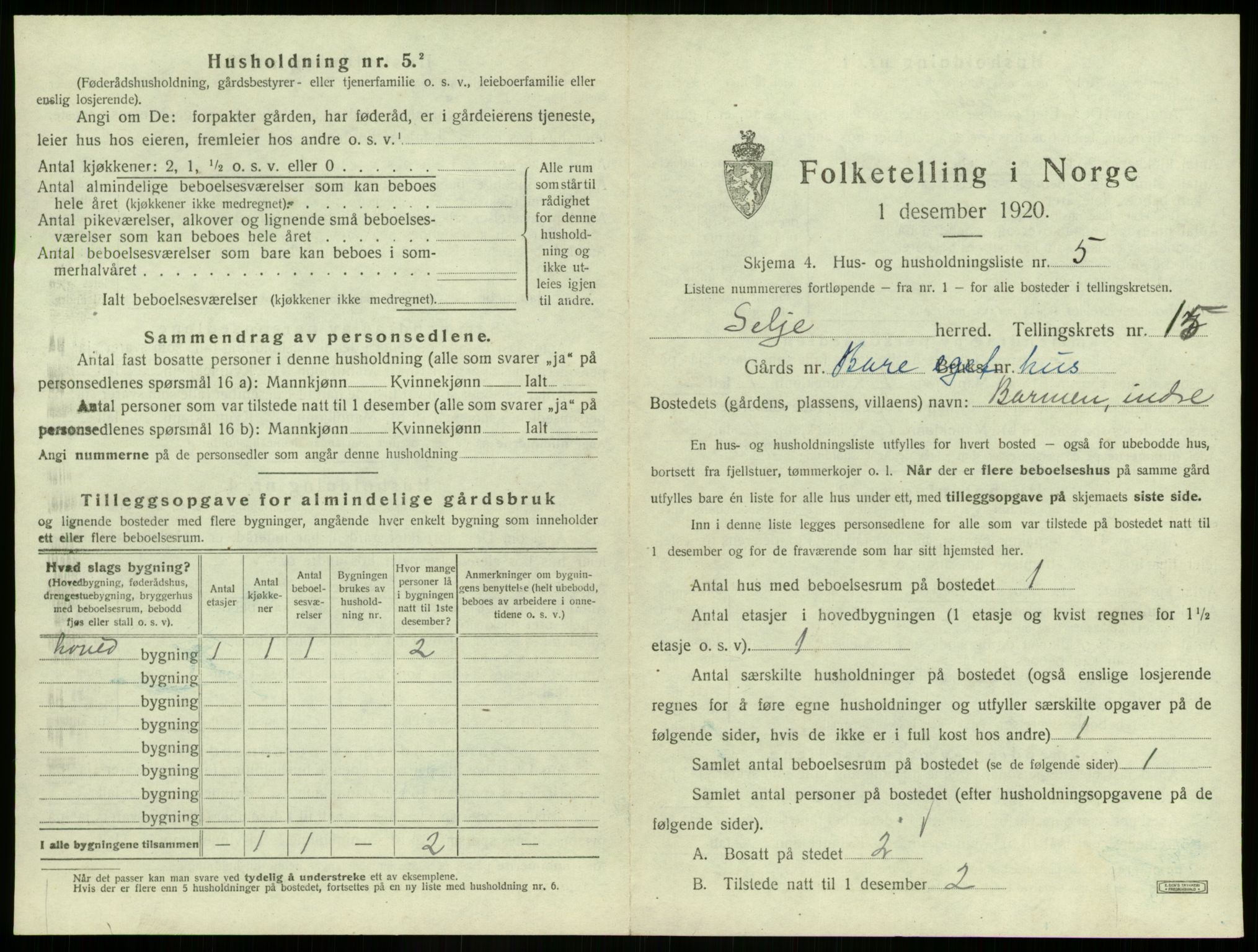 SAB, 1920 census for Selje, 1920, p. 933