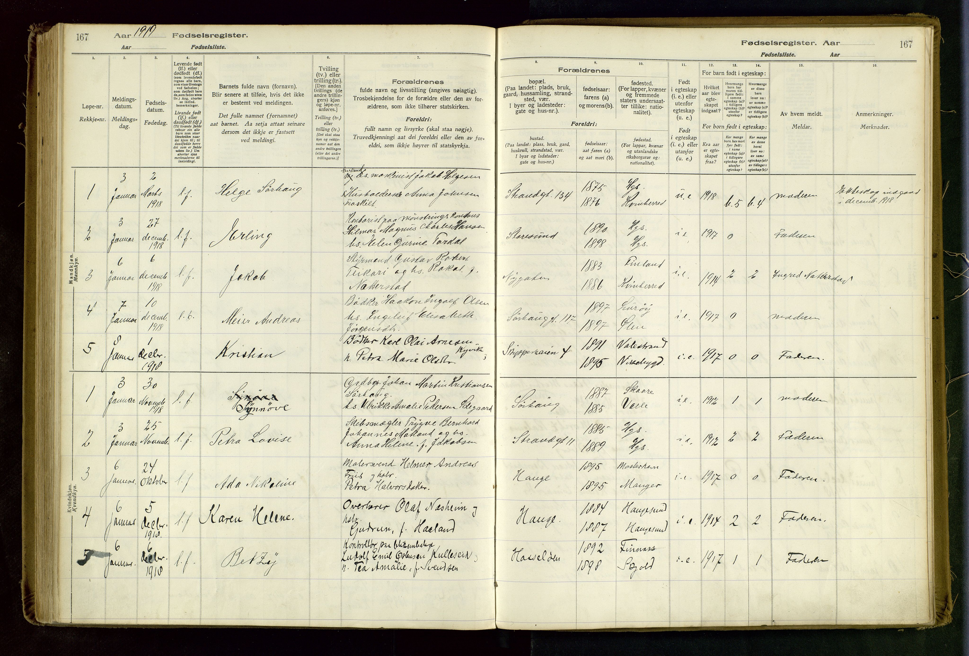 Haugesund sokneprestkontor, AV/SAST-A -101863/I/Id/L0003: Birth register no. 1, 1916-1919, p. 167