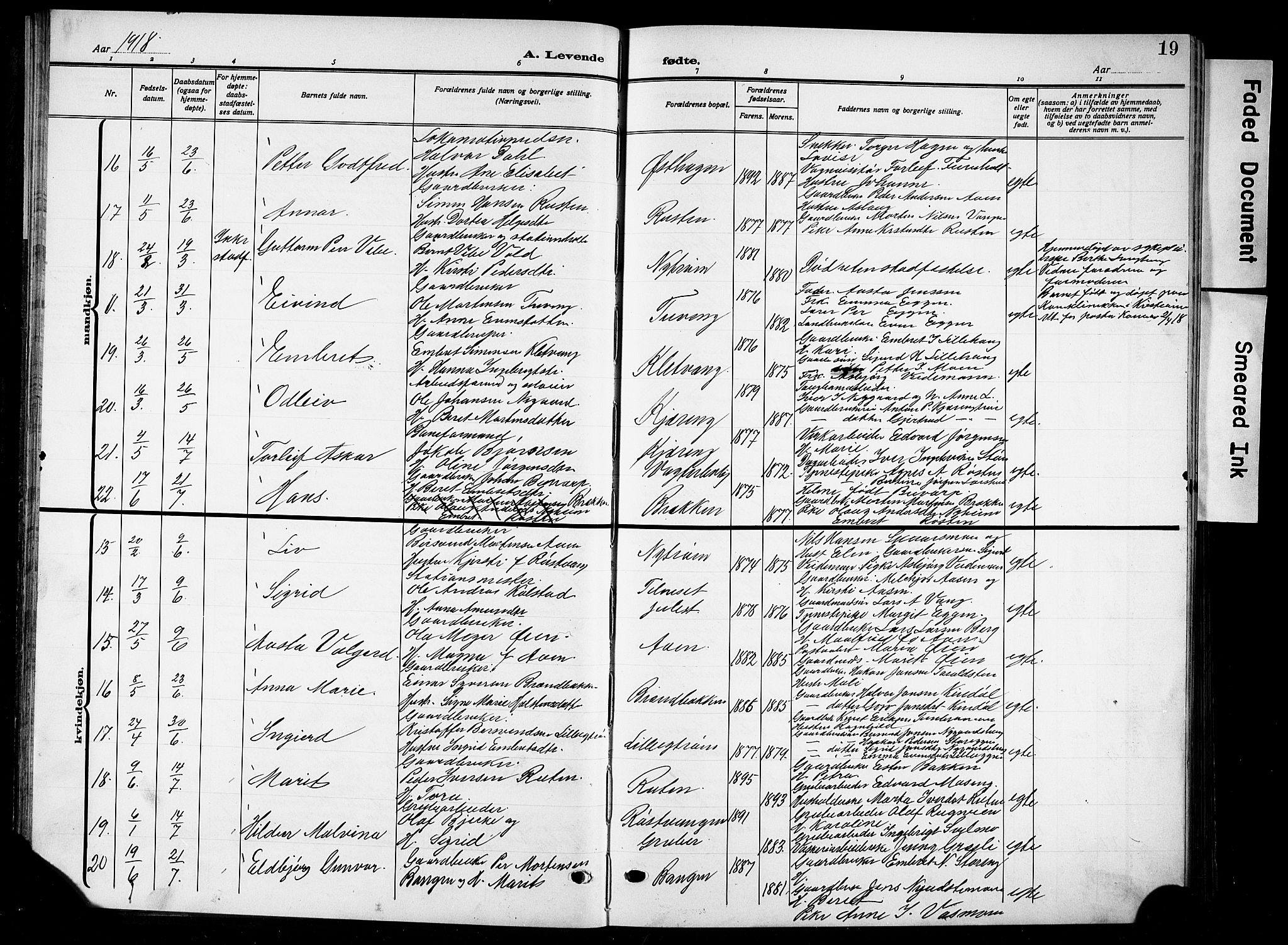 Tynset prestekontor, AV/SAH-PREST-058/H/Ha/Hab/L0011: Parish register (copy) no. 11, 1915-1930, p. 19
