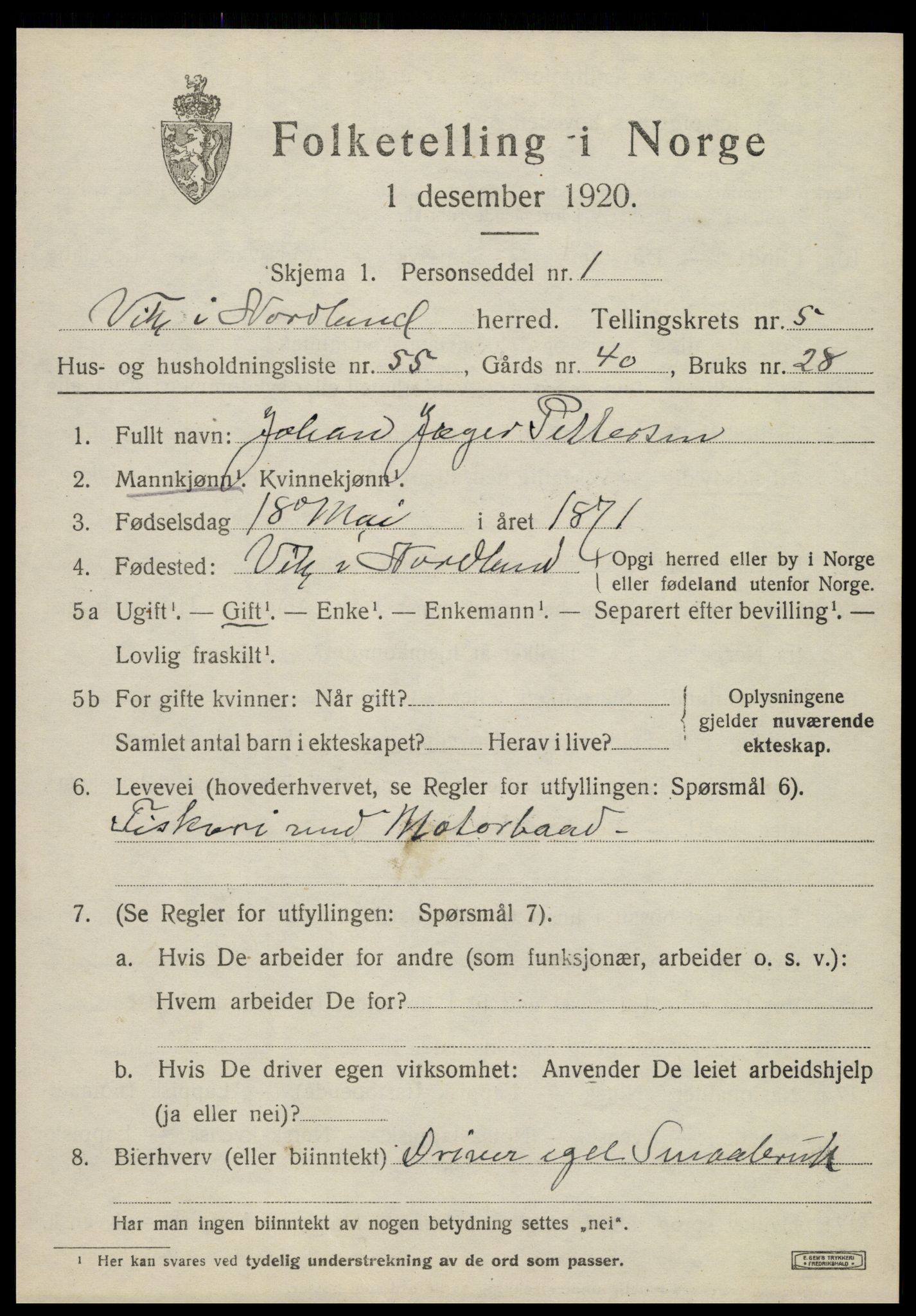 SAT, 1920 census for Vik, 1920, p. 3567