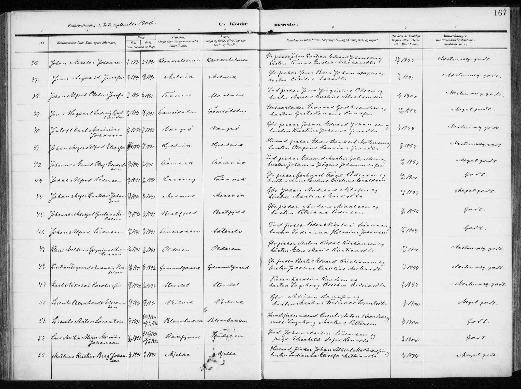 Tromsøysund sokneprestkontor, AV/SATØ-S-1304/G/Ga/L0007kirke: Parish register (official) no. 7, 1907-1914, p. 167