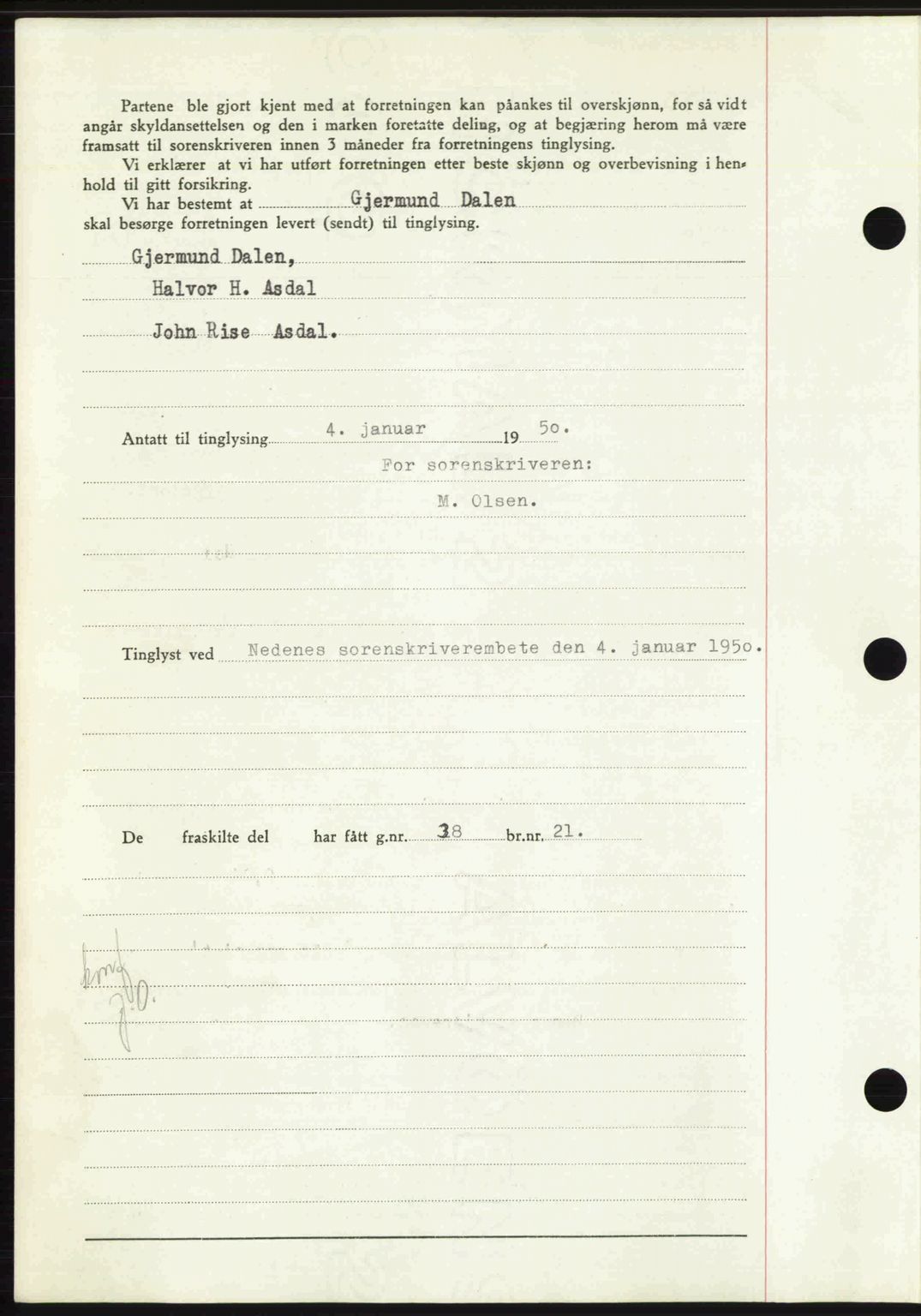 Nedenes sorenskriveri, AV/SAK-1221-0006/G/Gb/Gba/L0062: Mortgage book no. A14, 1949-1950, Diary no: : 21/1950