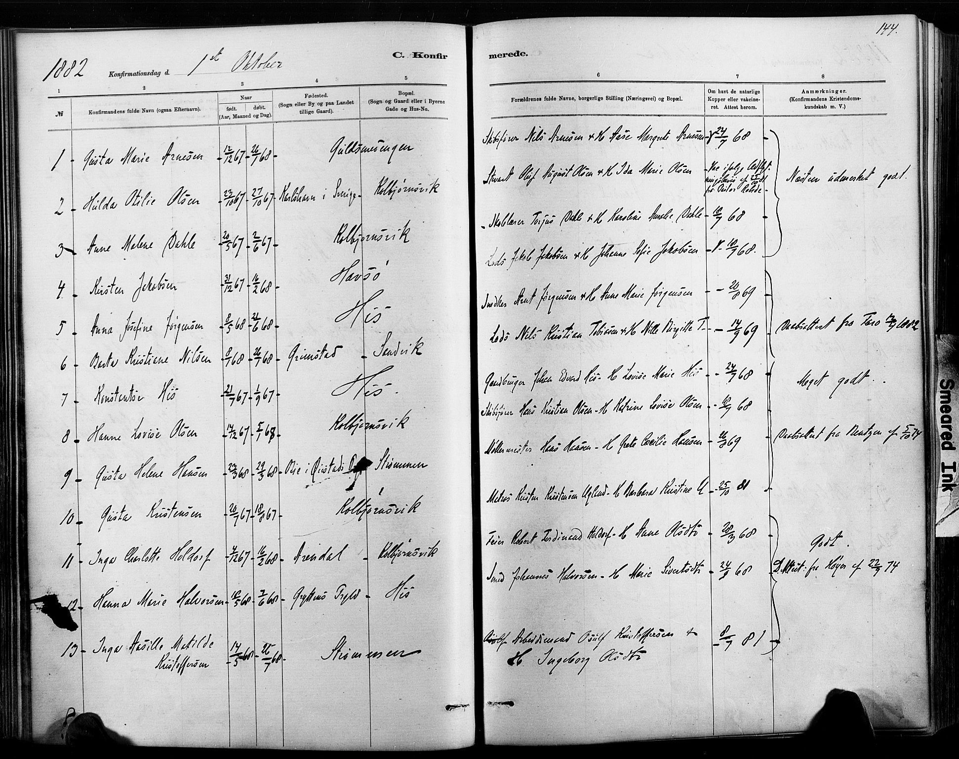 Hisøy sokneprestkontor, AV/SAK-1111-0020/F/Fa/L0003: Parish register (official) no. A 3, 1881-1894, p. 144