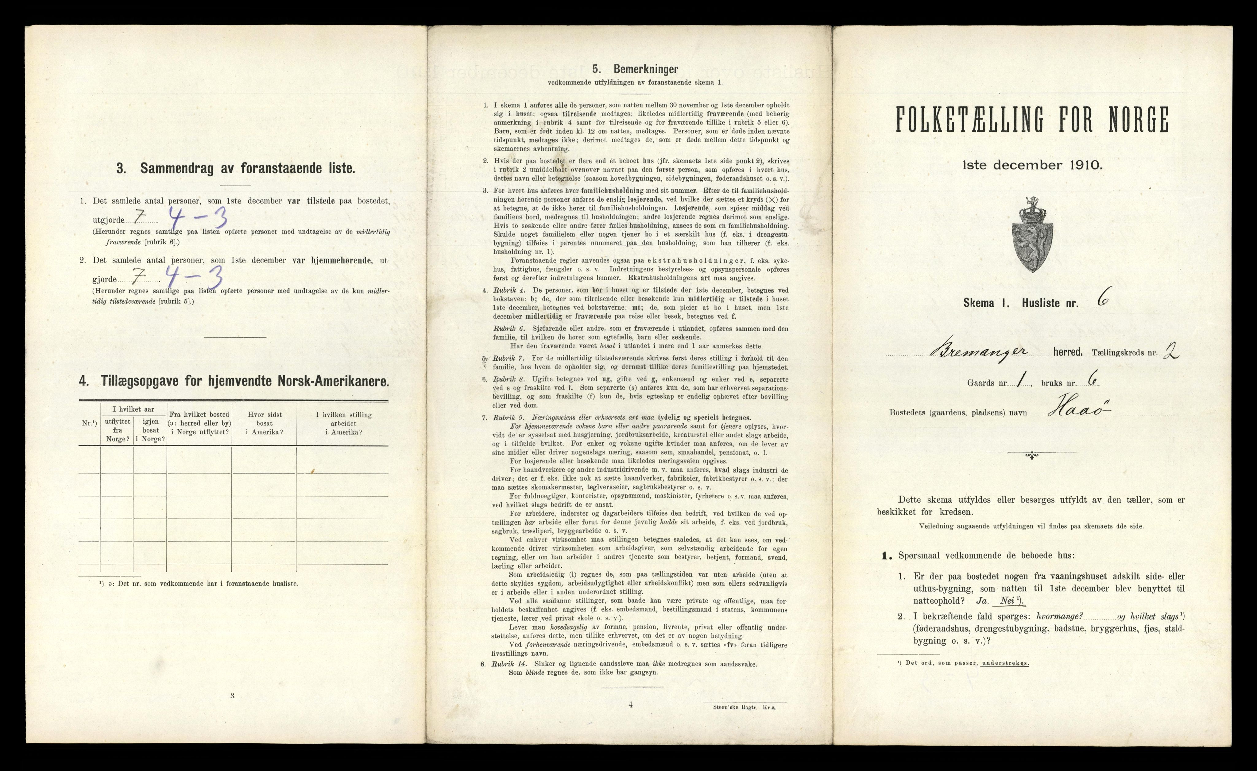 RA, 1910 census for Bremanger, 1910, p. 205