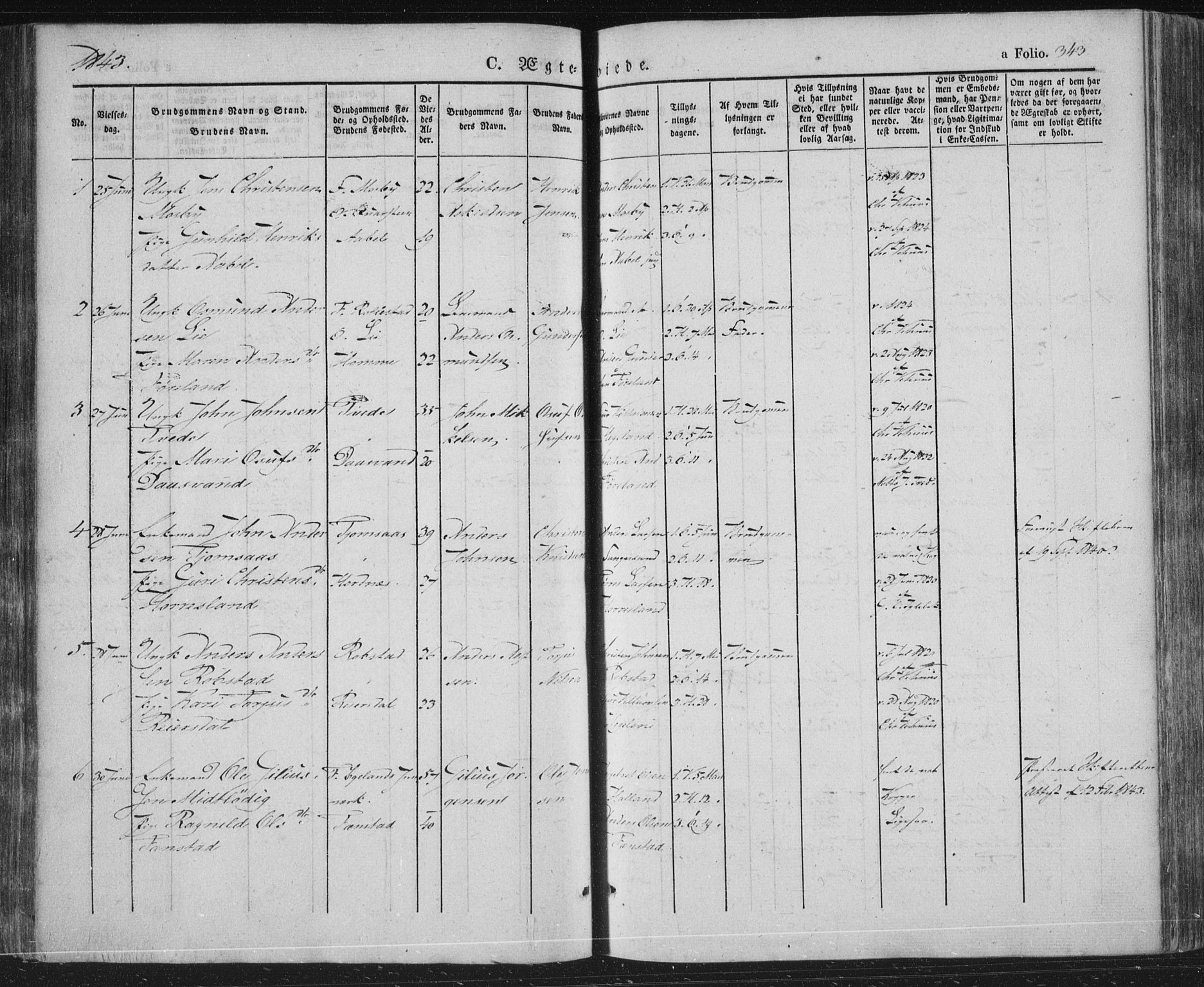 Vennesla sokneprestkontor, AV/SAK-1111-0045/Fa/Fac/L0004: Parish register (official) no. A 4, 1834-1855, p. 343