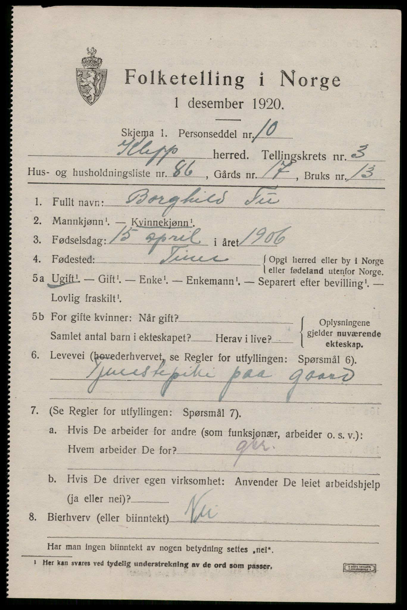 SAST, 1920 census for Klepp, 1920, p. 4298