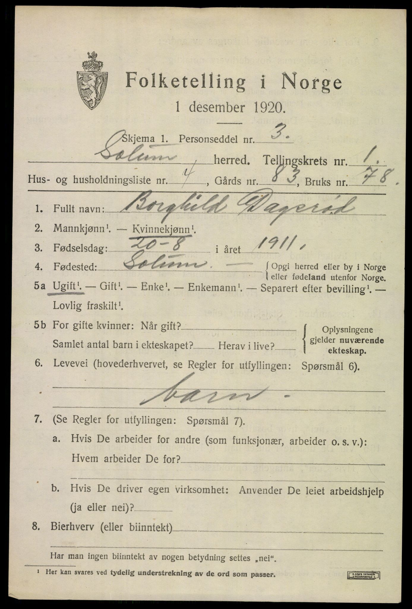 SAKO, 1920 census for Solum, 1920, p. 2288