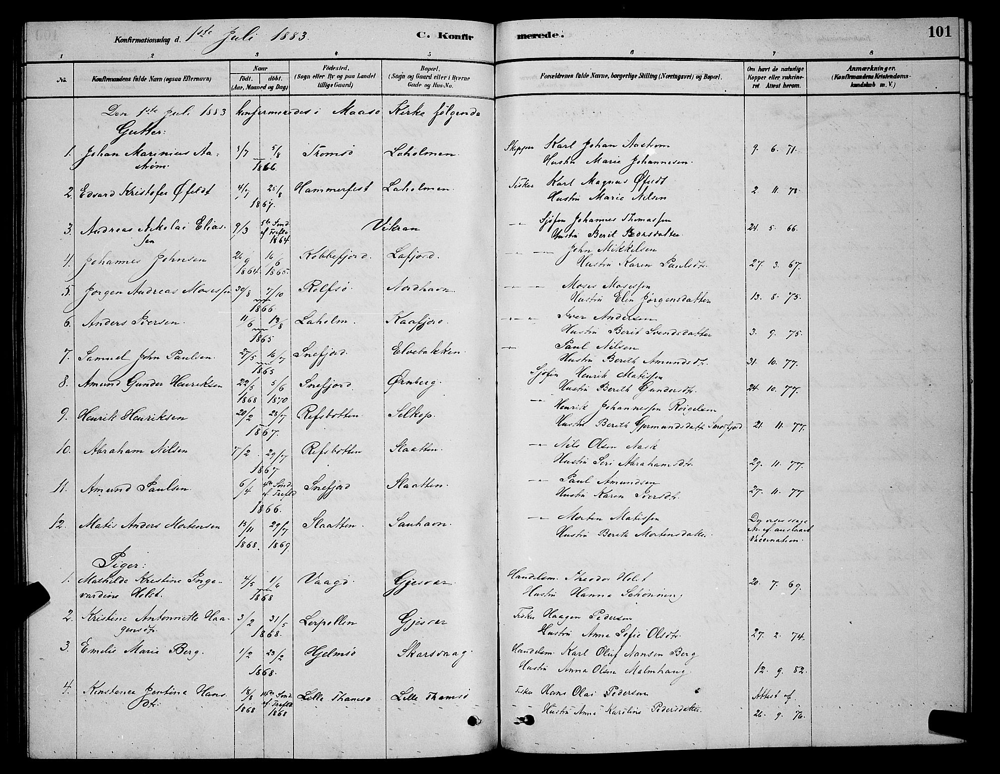 Måsøy sokneprestkontor, SATØ/S-1348/H/Hb/L0002klokker: Parish register (copy) no. 2, 1876-1888, p. 101