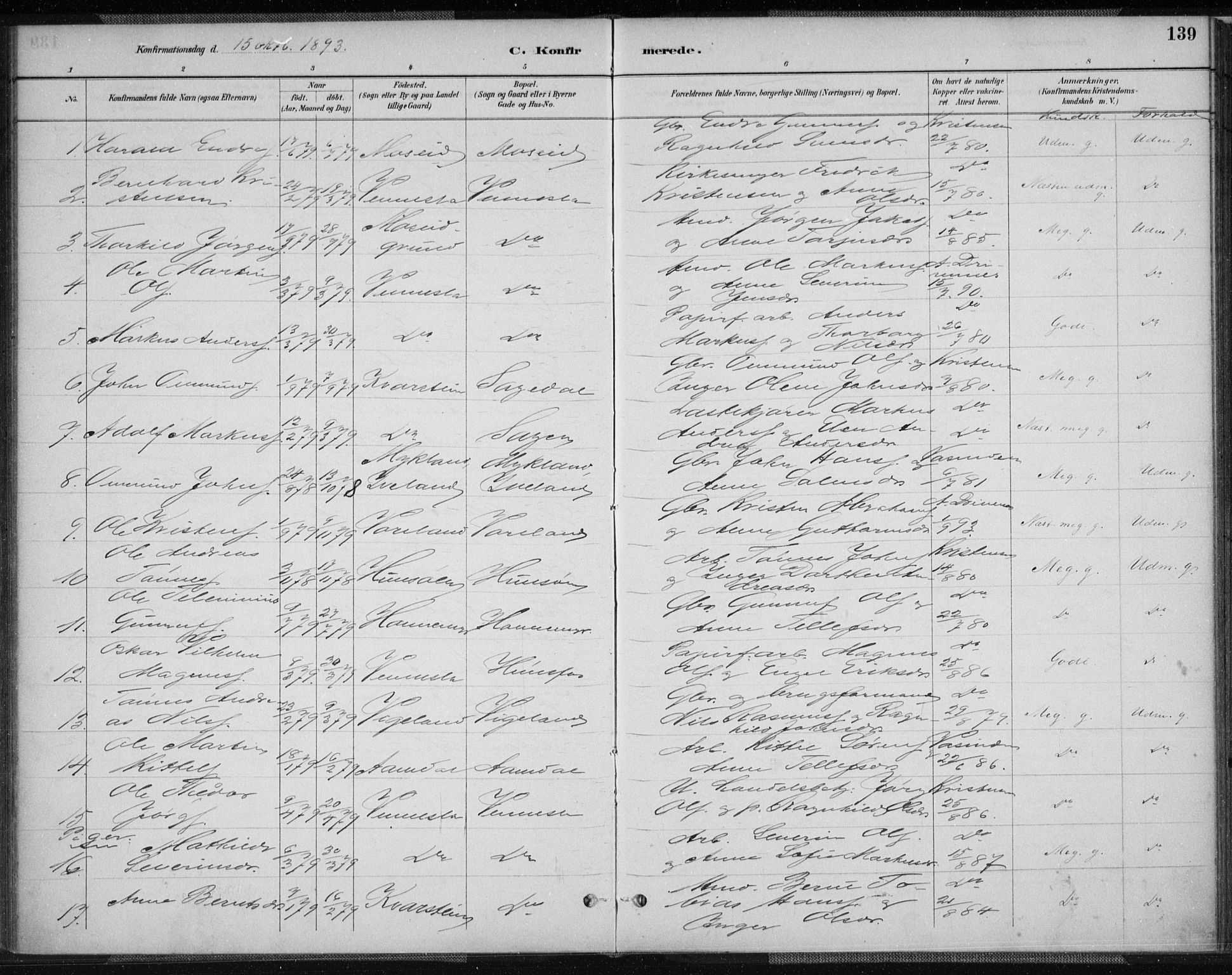 Vennesla sokneprestkontor, AV/SAK-1111-0045/Fa/Fab/L0004: Parish register (official) no. A 4, 1884-1896, p. 139