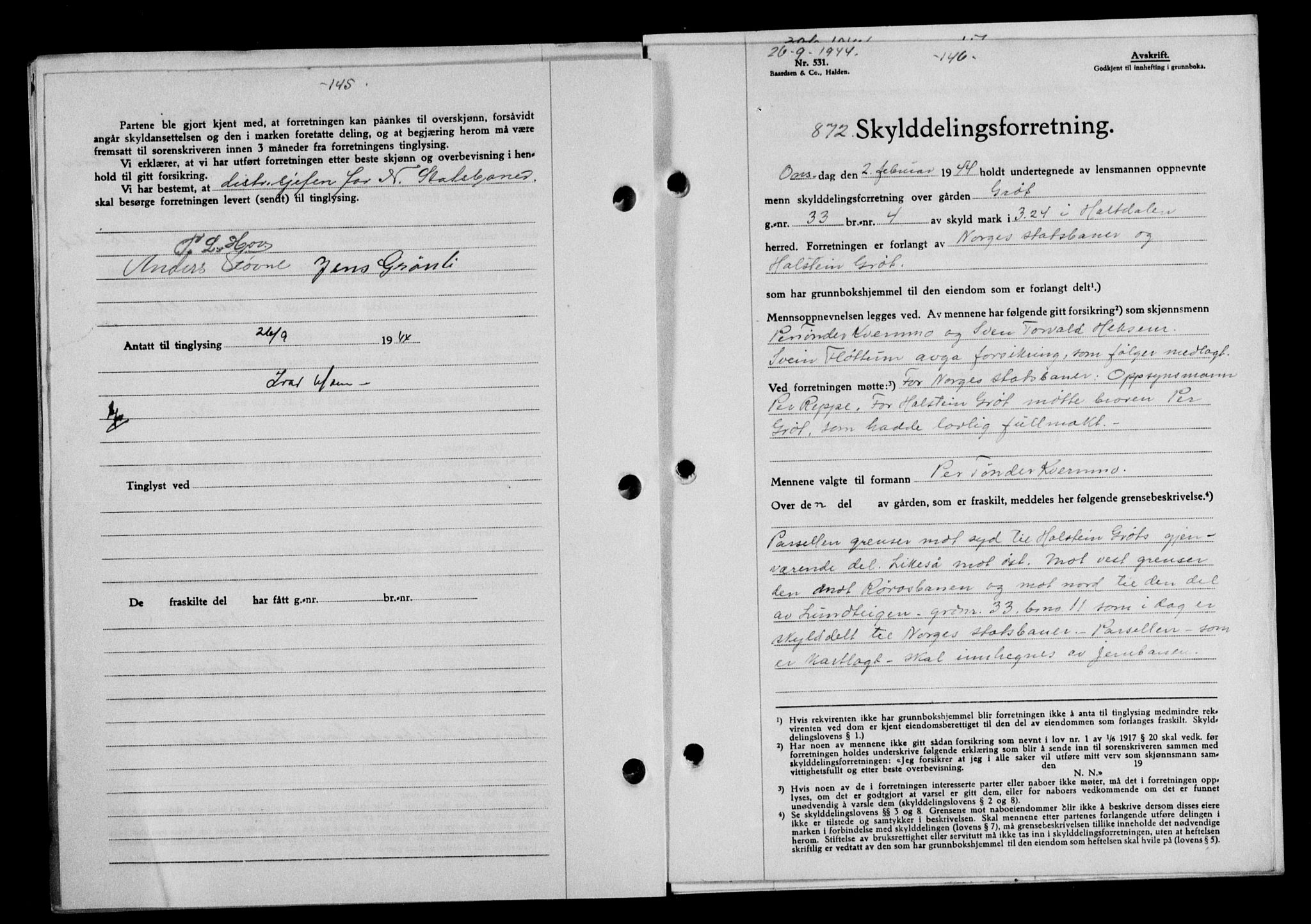 Gauldal sorenskriveri, SAT/A-0014/1/2/2C/L0058: Mortgage book no. 63, 1944-1945, Diary no: : 872/1944