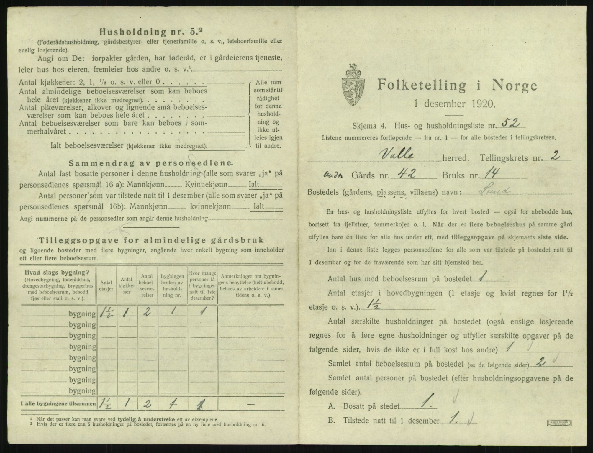 SAK, 1920 census for Valle, 1920, p. 219