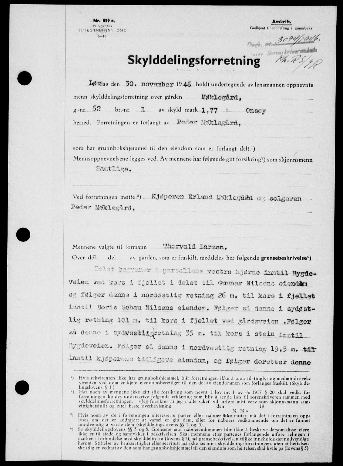 Onsøy sorenskriveri, SAO/A-10474/G/Ga/Gab/L0018: Mortgage book no. II A-18, 1946-1947, Diary no: : 3094/1946