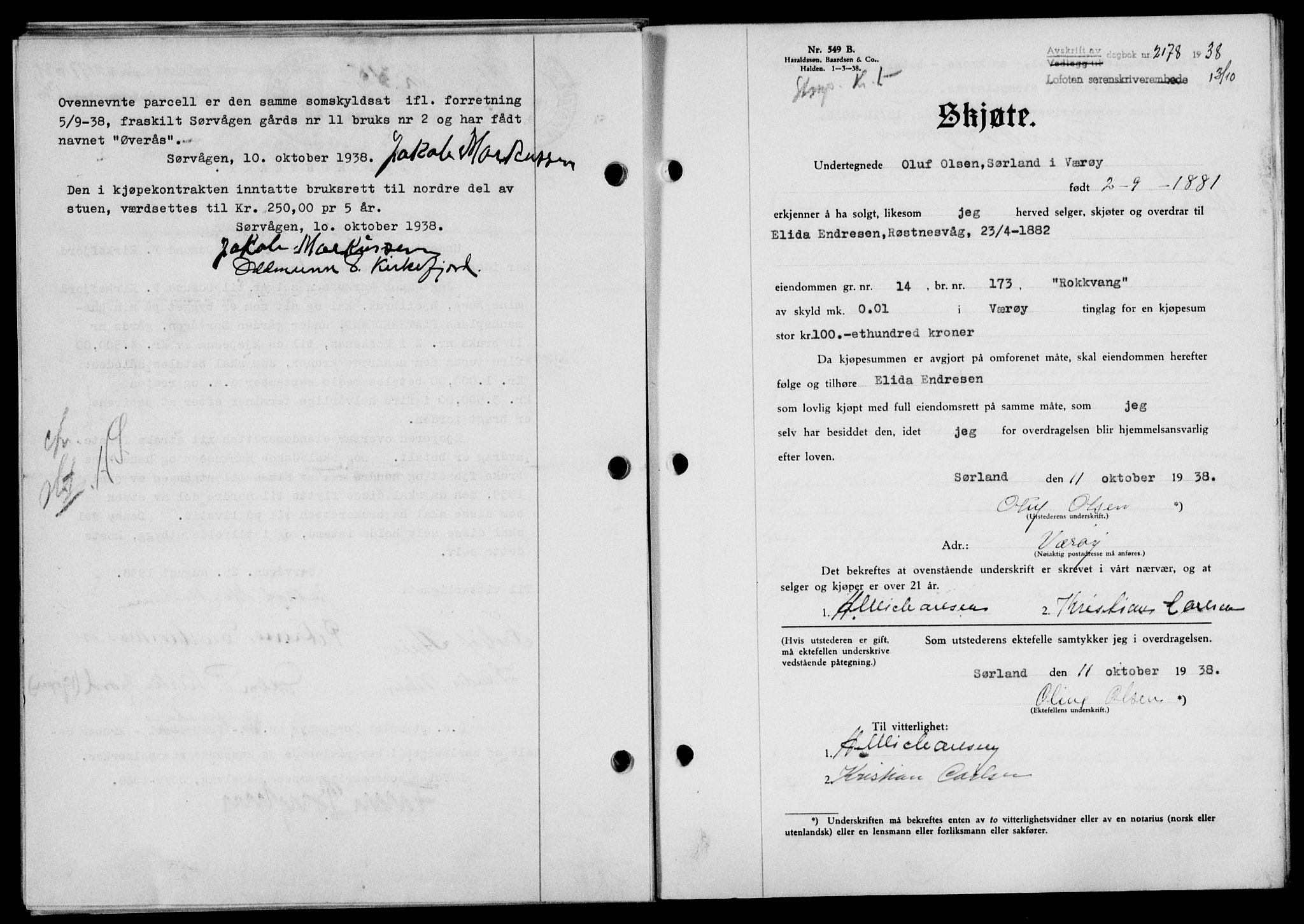 Lofoten sorenskriveri, SAT/A-0017/1/2/2C/L0004a: Mortgage book no. 4a, 1938-1938, Diary no: : 2178/1938