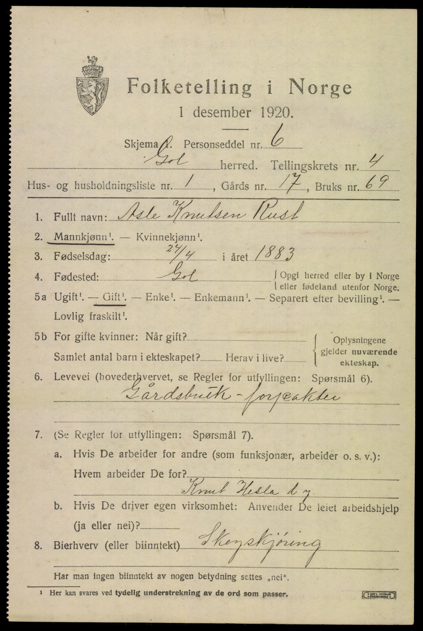 SAKO, 1920 census for Gol, 1920, p. 2740