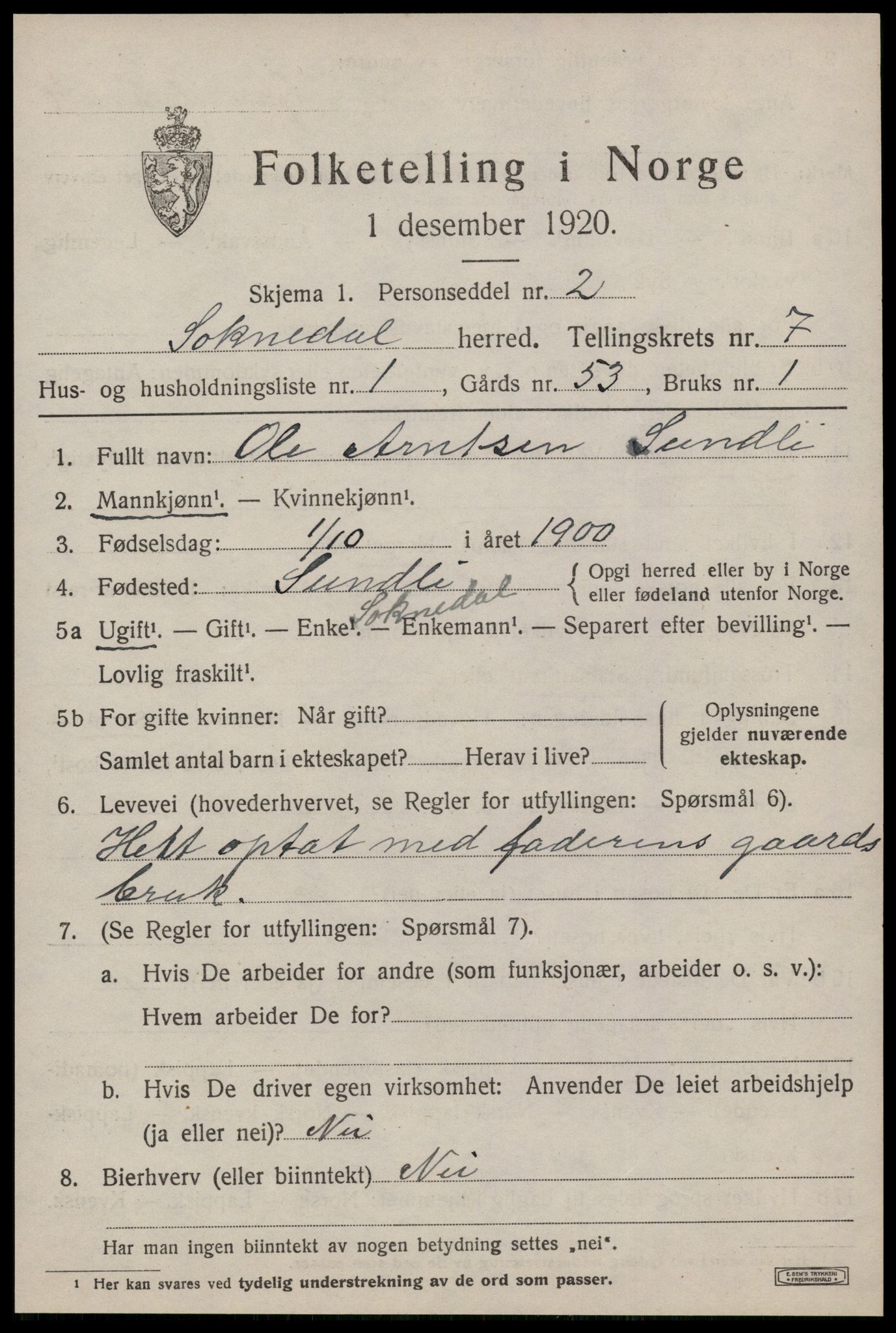 SAT, 1920 census for Soknedal, 1920, p. 3448