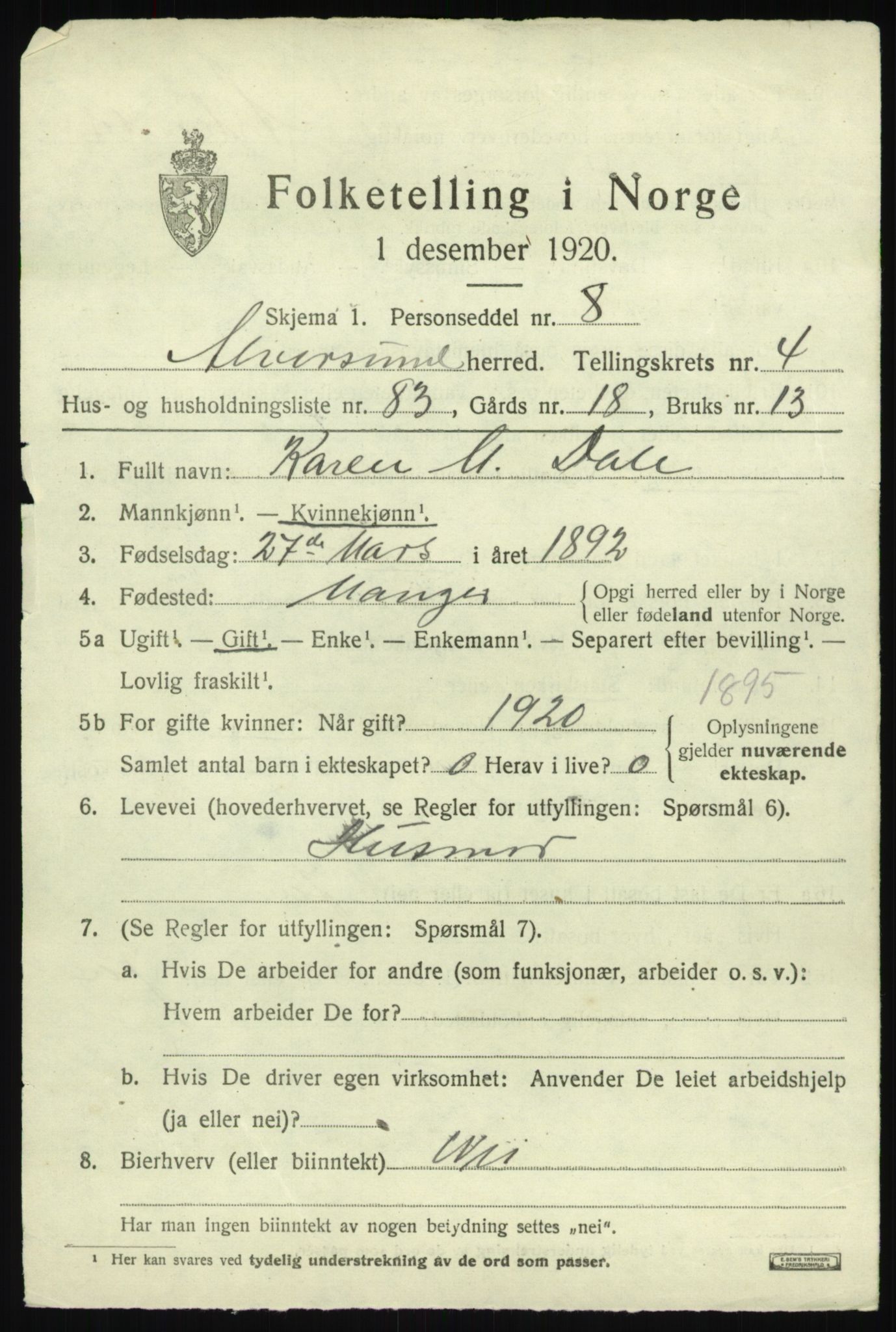 SAB, 1920 census for Alversund, 1920, p. 3852