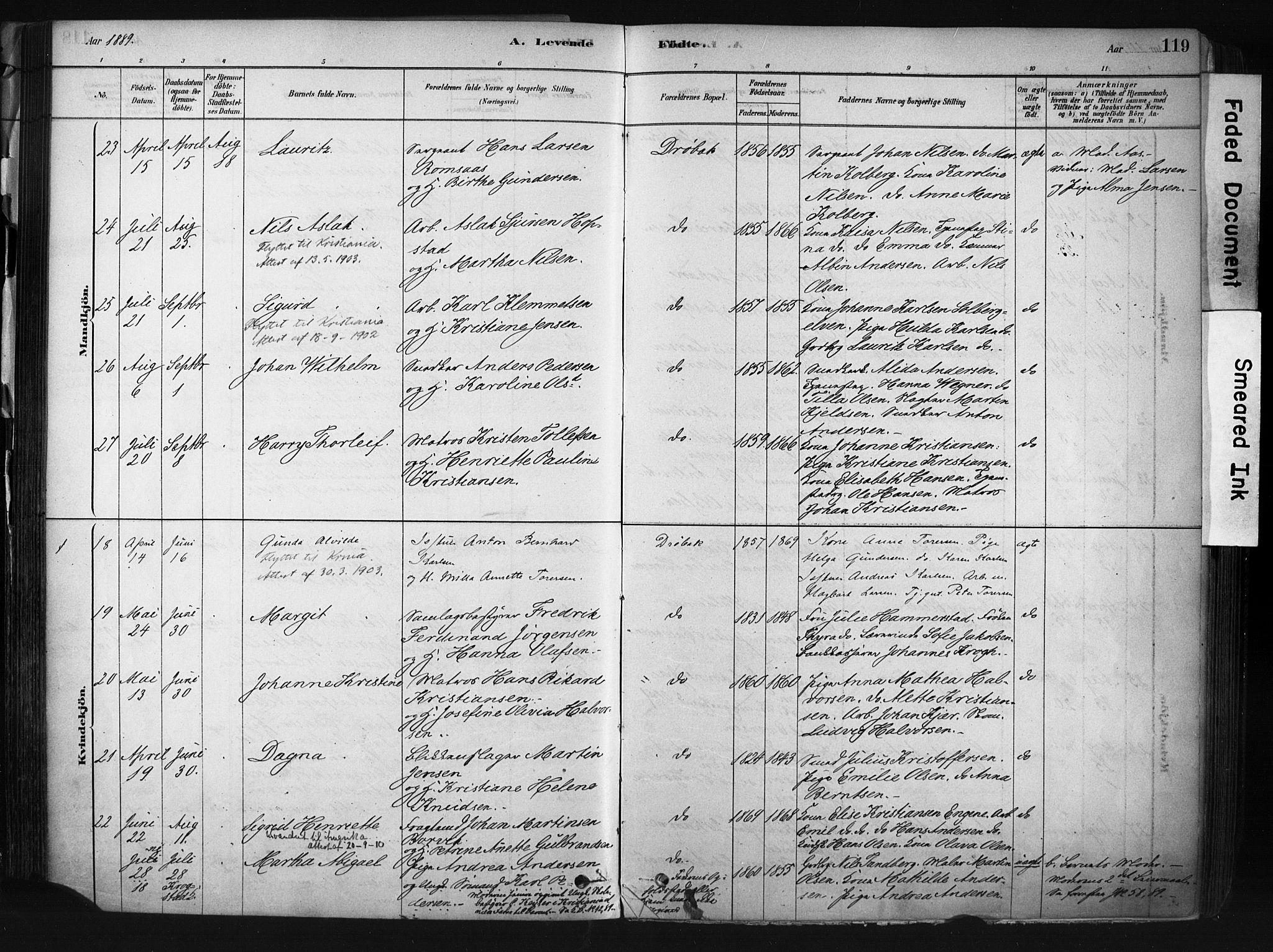 Drøbak prestekontor Kirkebøker, AV/SAO-A-10142a/F/Fb/L0001: Parish register (official) no. II 1, 1878-1891, p. 119