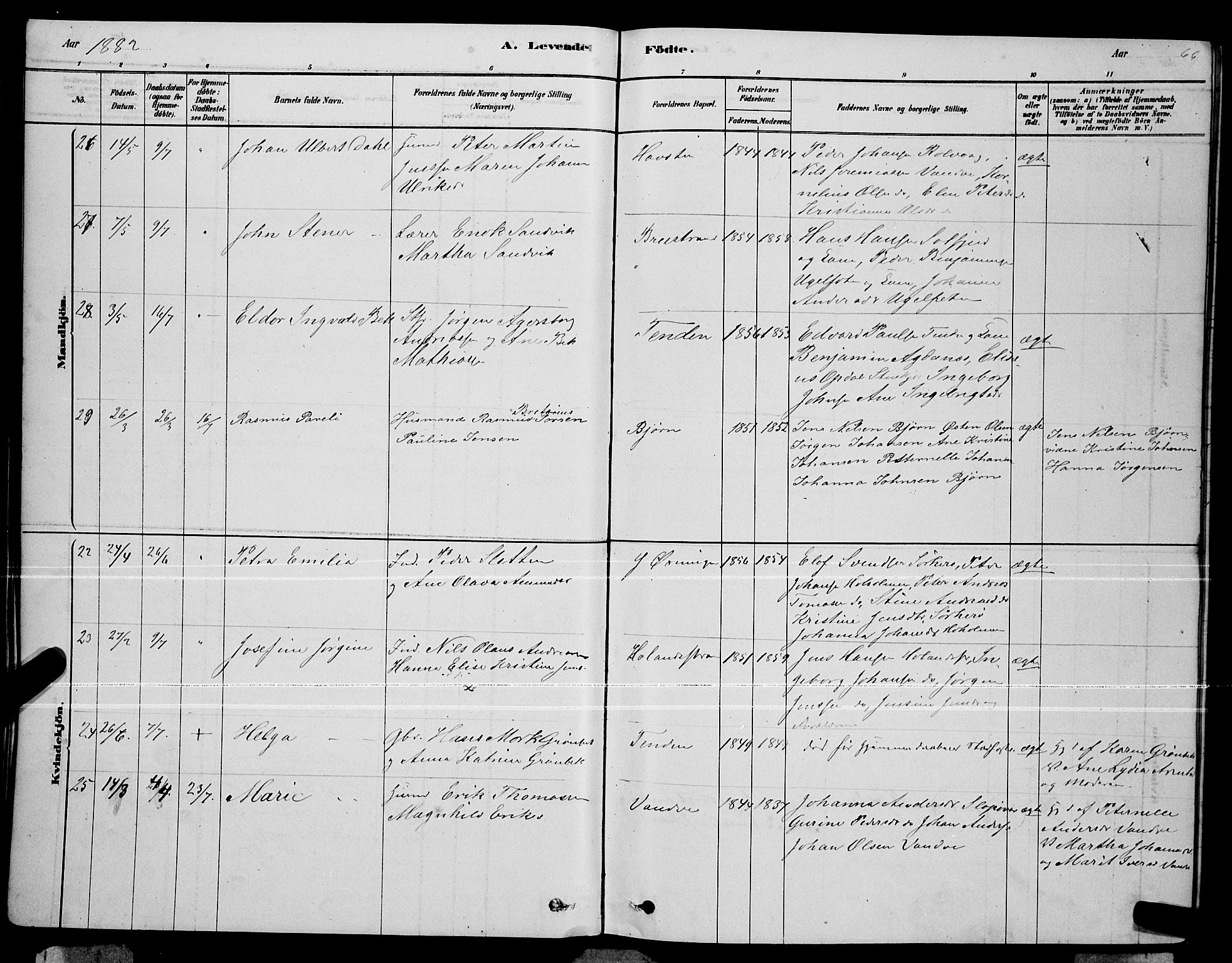 Ministerialprotokoller, klokkerbøker og fødselsregistre - Nordland, AV/SAT-A-1459/834/L0513: Parish register (copy) no. 834C04, 1877-1892, p. 66