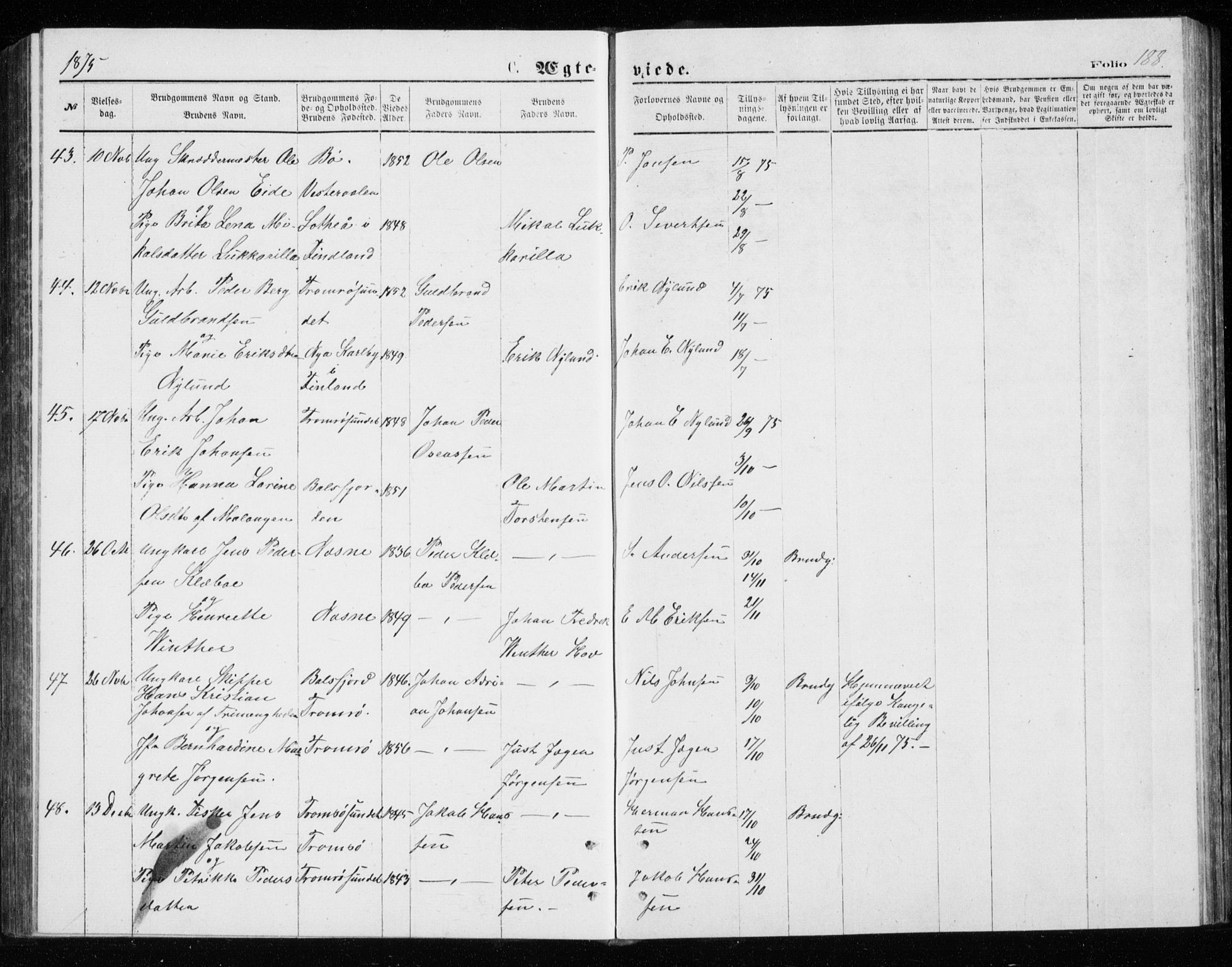 Tromsø sokneprestkontor/stiftsprosti/domprosti, AV/SATØ-S-1343/G/Gb/L0008klokker: Parish register (copy) no. 8, 1875-1879, p. 188