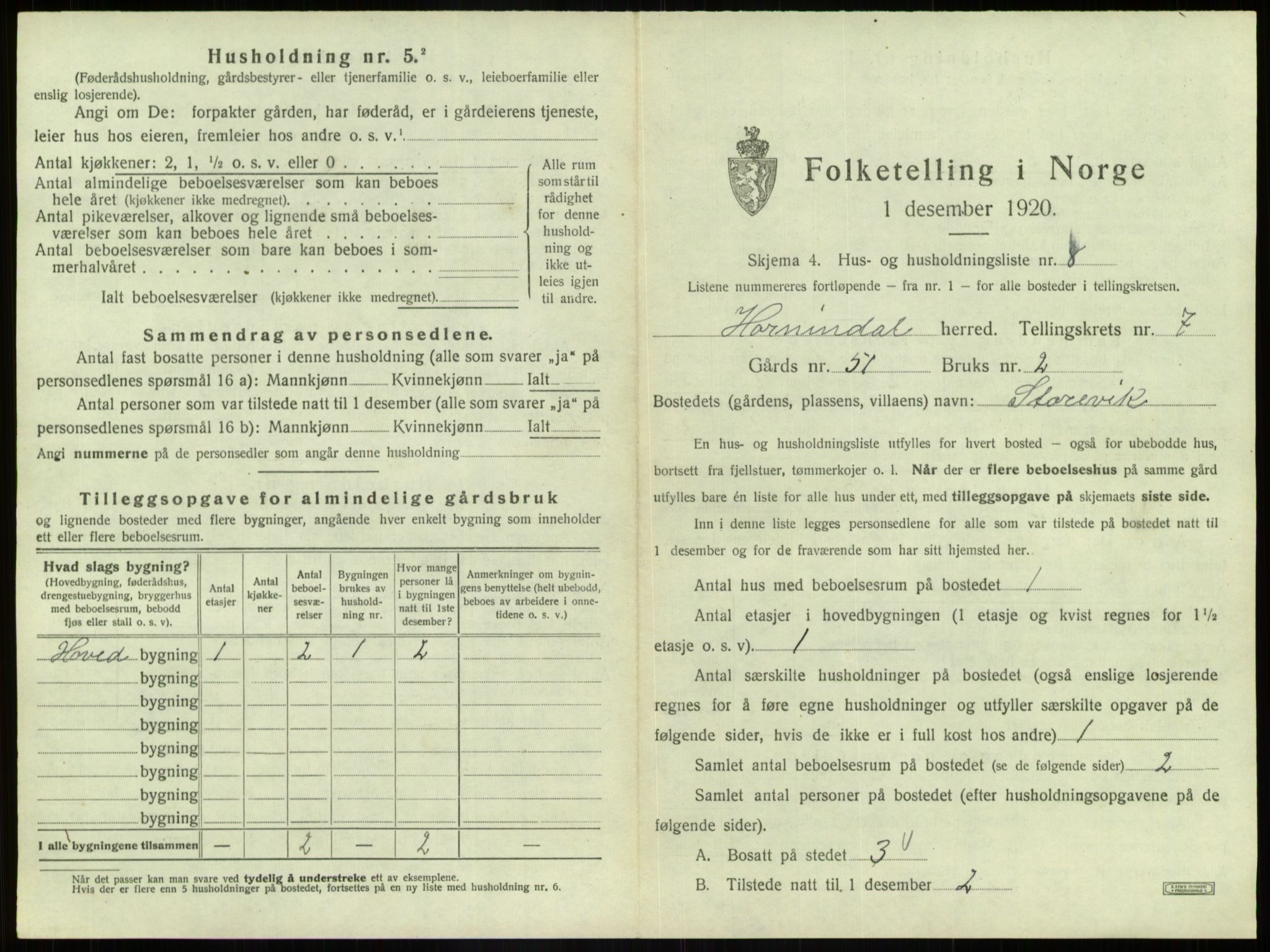 SAB, 1920 census for Hornindal, 1920, p. 487