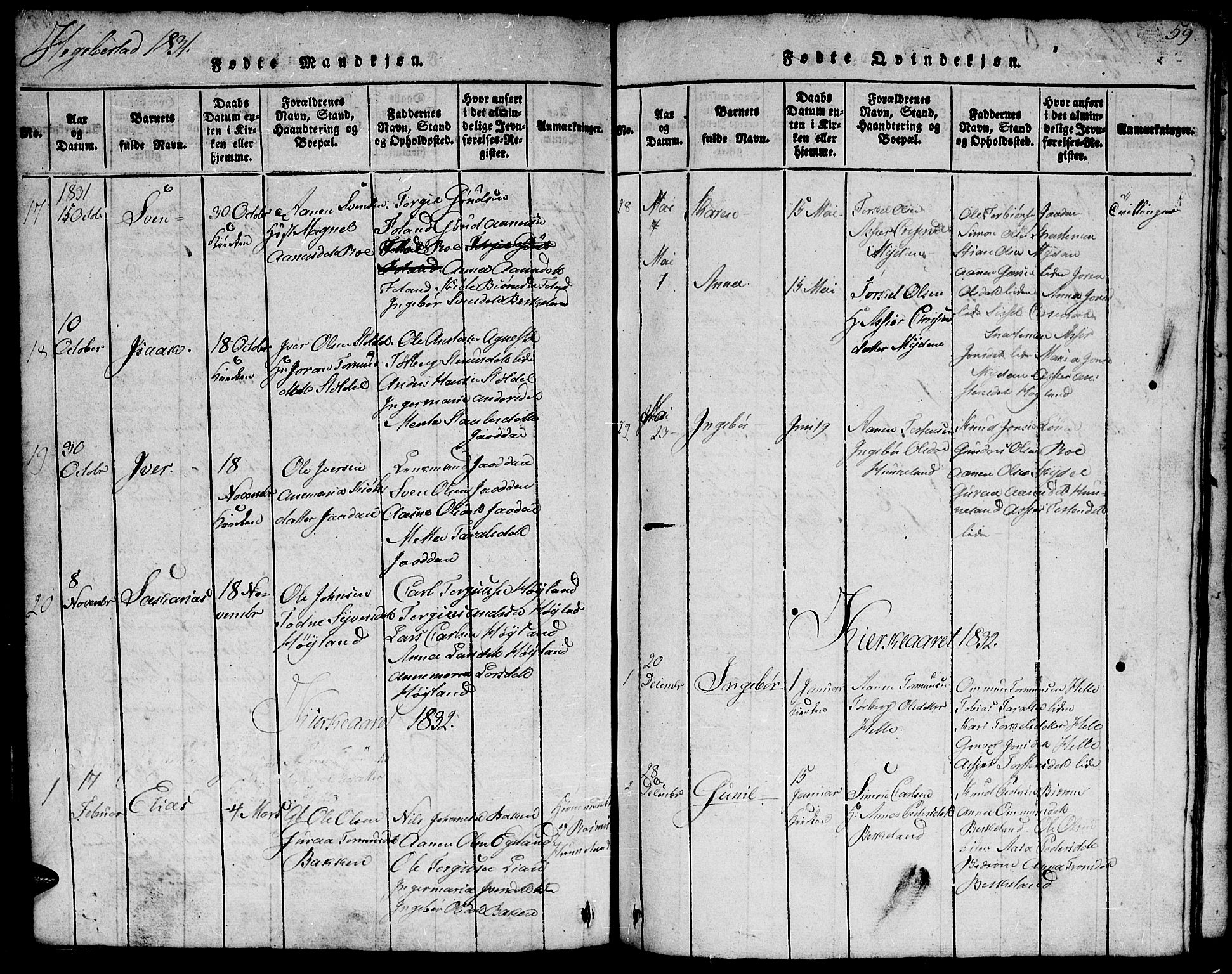 Hægebostad sokneprestkontor, AV/SAK-1111-0024/F/Fb/Fba/L0001: Parish register (copy) no. B 1, 1815-1844, p. 59