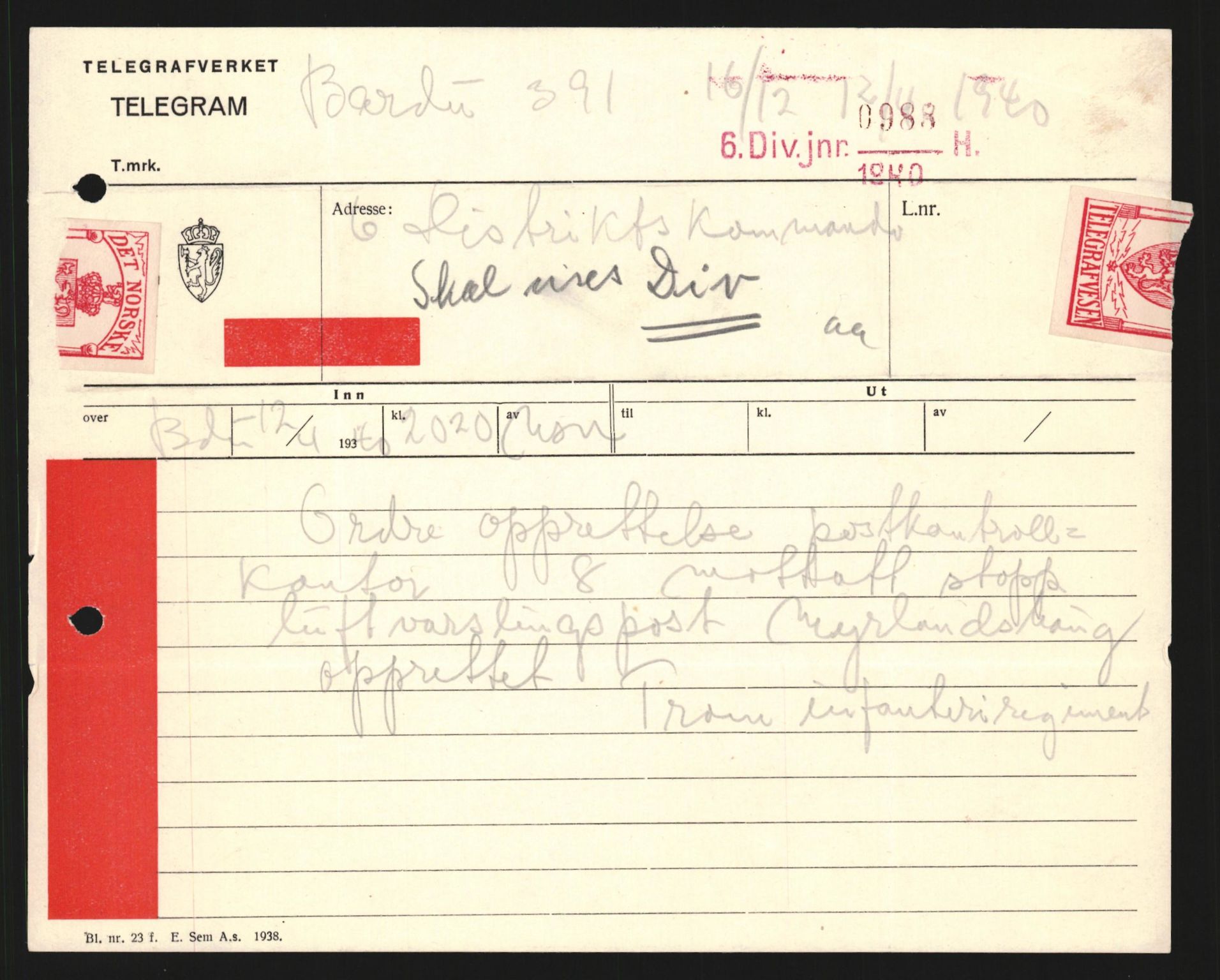 Forsvaret, Forsvarets krigshistoriske avdeling, AV/RA-RAFA-2017/Y/Yb/L0121: II-C-11-600  -  6. Divisjon med avdelinger, 1939-1940, p. 641