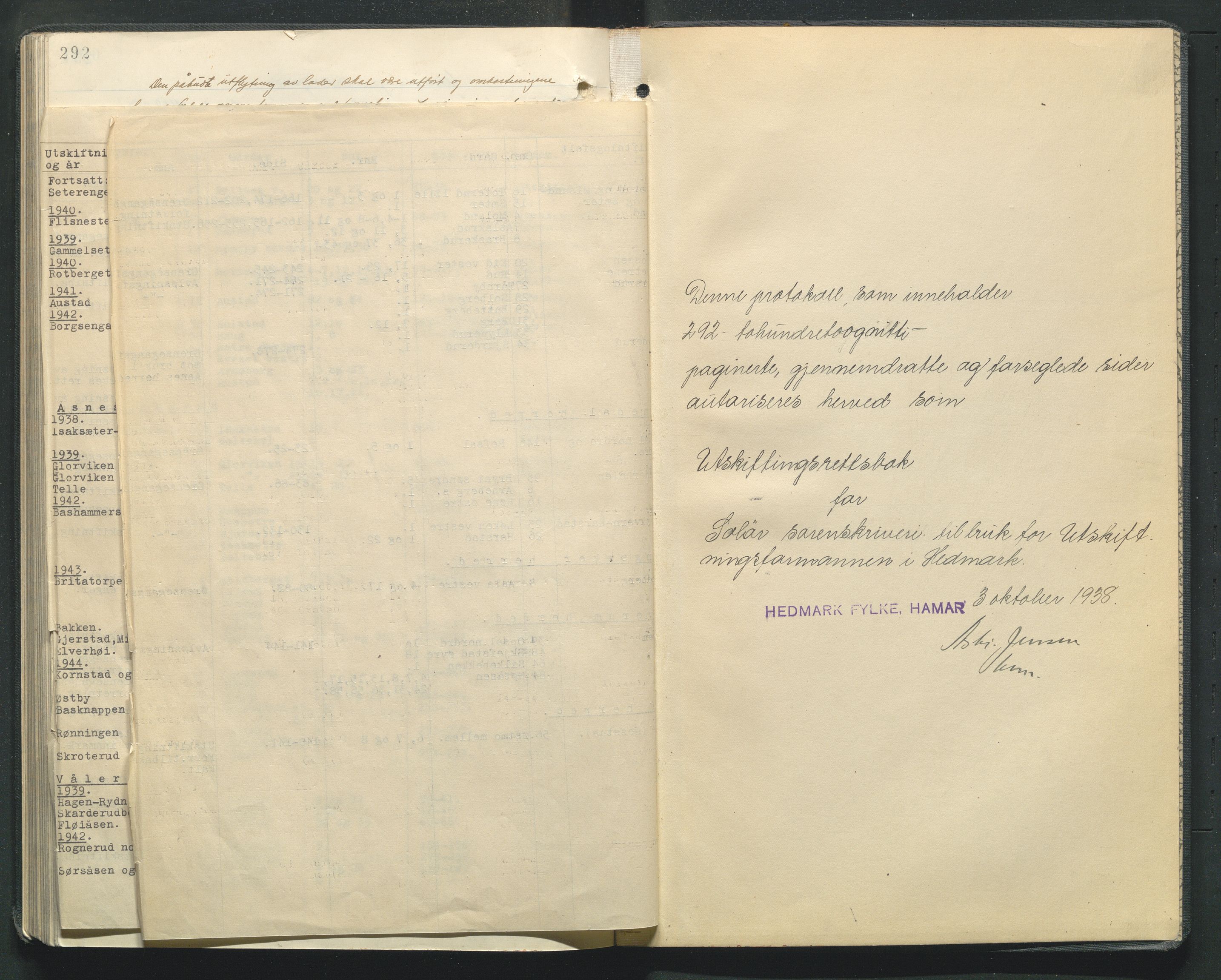 Hedmark og Østerdal jordskifterett, AV/SAH-JORDSKIFTEH-002/G/Ga/L0014/0002: Rettsbøker  / Rettsbok - VII, 1938-1944