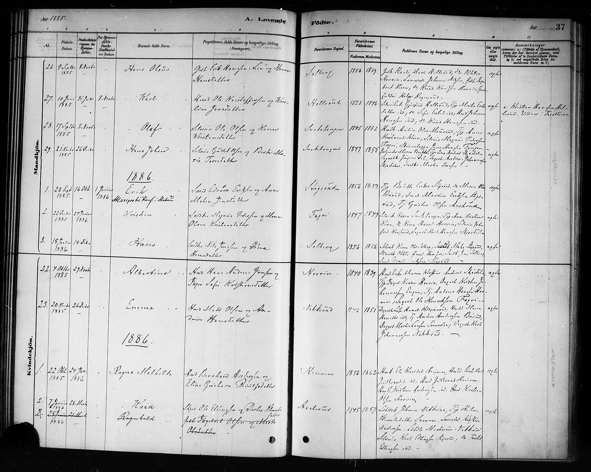 Hole kirkebøker, AV/SAKO-A-228/F/Fb/L0001: Parish register (official) no. II 1, 1878-1891, p. 37