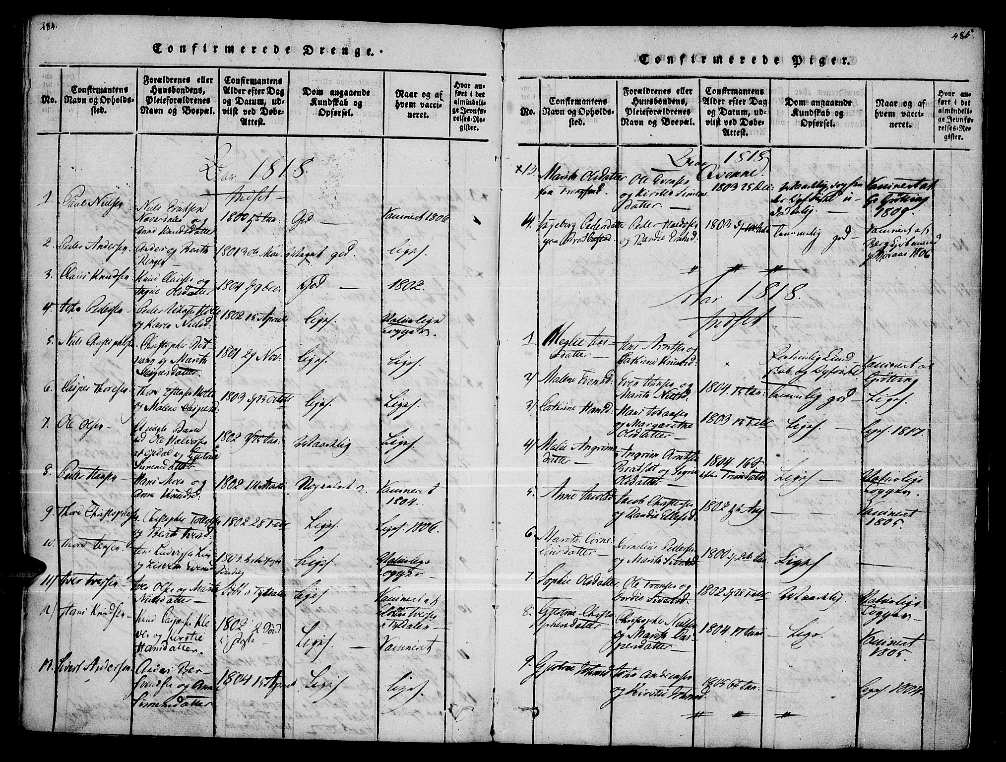 Kvikne prestekontor, AV/SAH-PREST-064/H/Ha/Haa/L0004: Parish register (official) no. 4, 1815-1840, p. 484-485