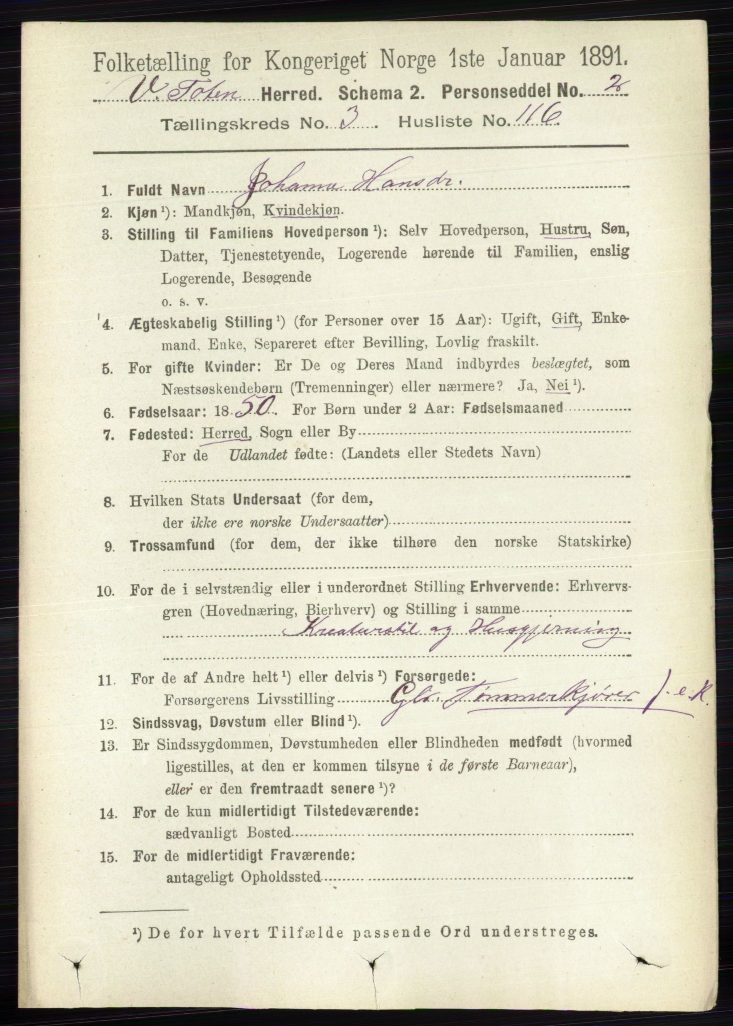 RA, 1891 census for 0529 Vestre Toten, 1891, p. 2578
