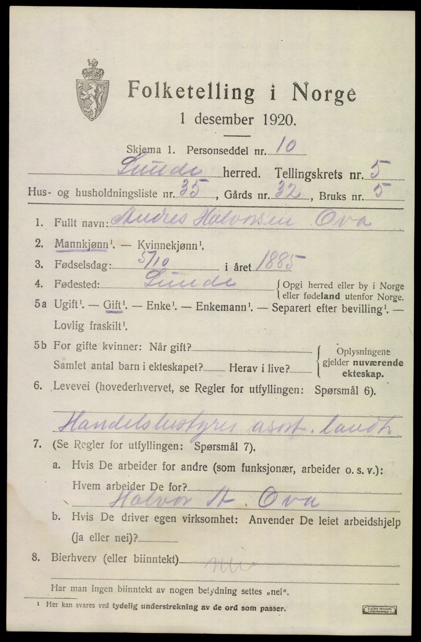 SAKO, 1920 census for Lunde, 1920, p. 3835