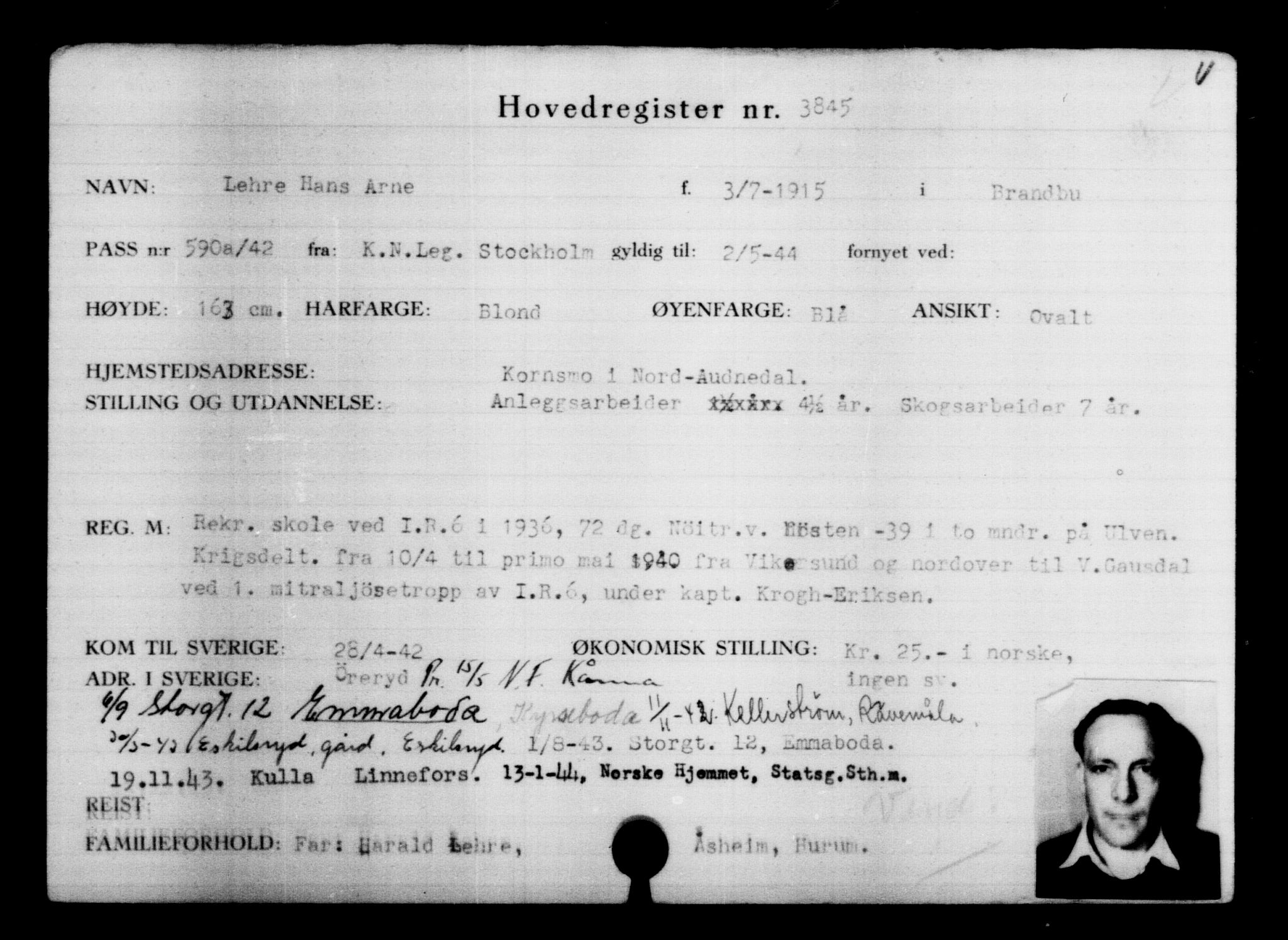 Utenriksstasjonene, Legasjonen i Stockholm, Flyktningkontoret, AV/RA-S-6753/V/Va/L0004: Kjesäterkartoteket, flyktninger med registreringsnr. 3496-6610, 1940-1945, p. 404