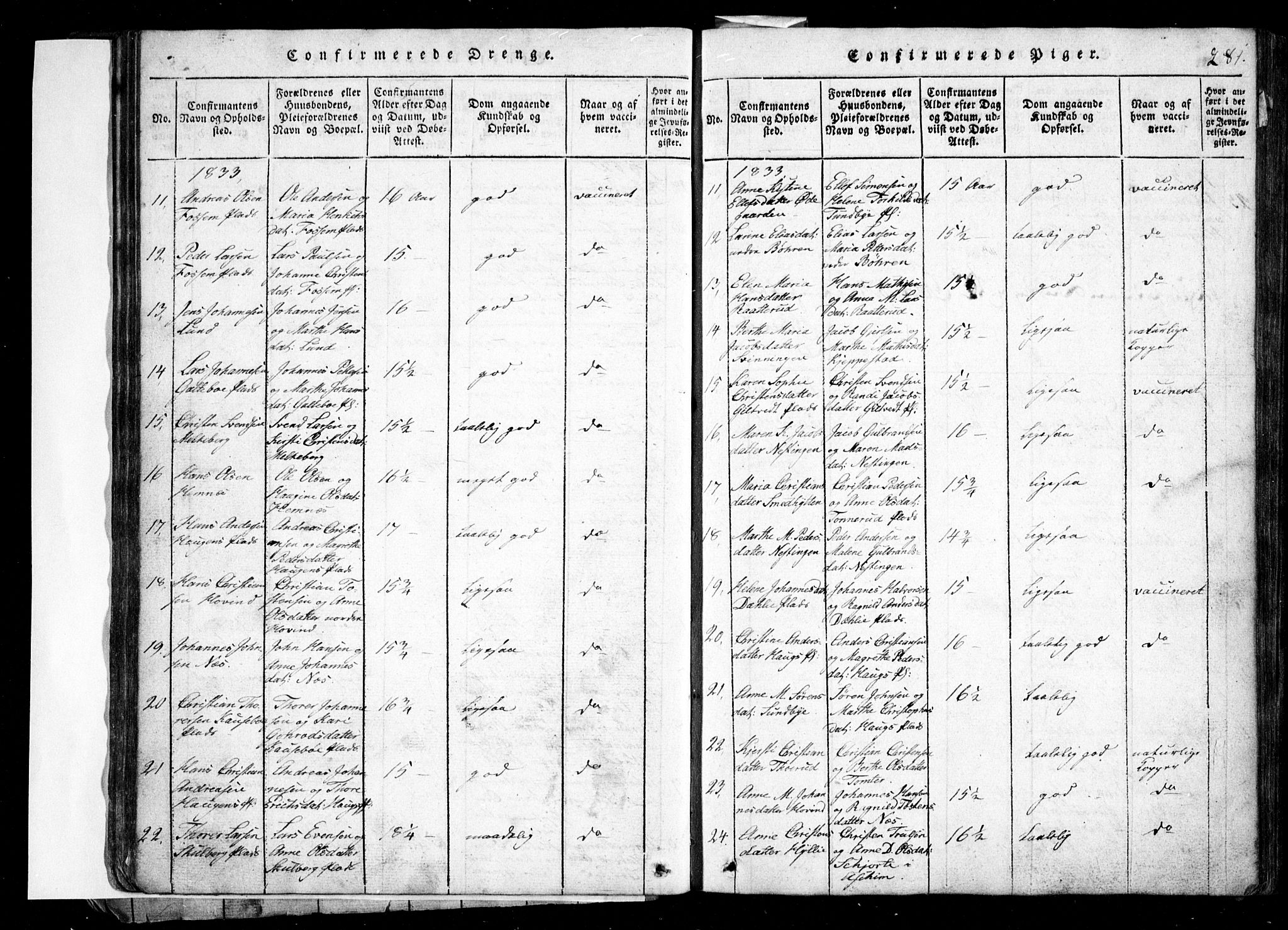 Spydeberg prestekontor Kirkebøker, AV/SAO-A-10924/G/Ga/L0001: Parish register (copy) no. I 1, 1814-1868, p. 281