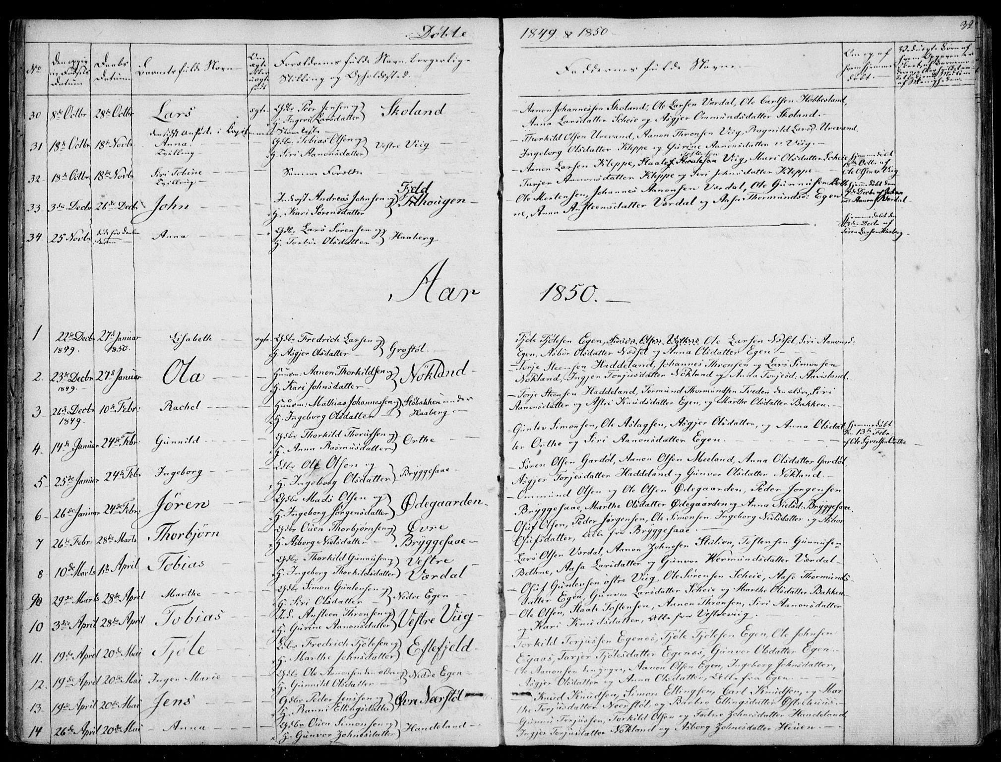 Hægebostad sokneprestkontor, AV/SAK-1111-0024/F/Fa/Fab/L0002: Parish register (official) no. A 2, 1836-1872, p. 32