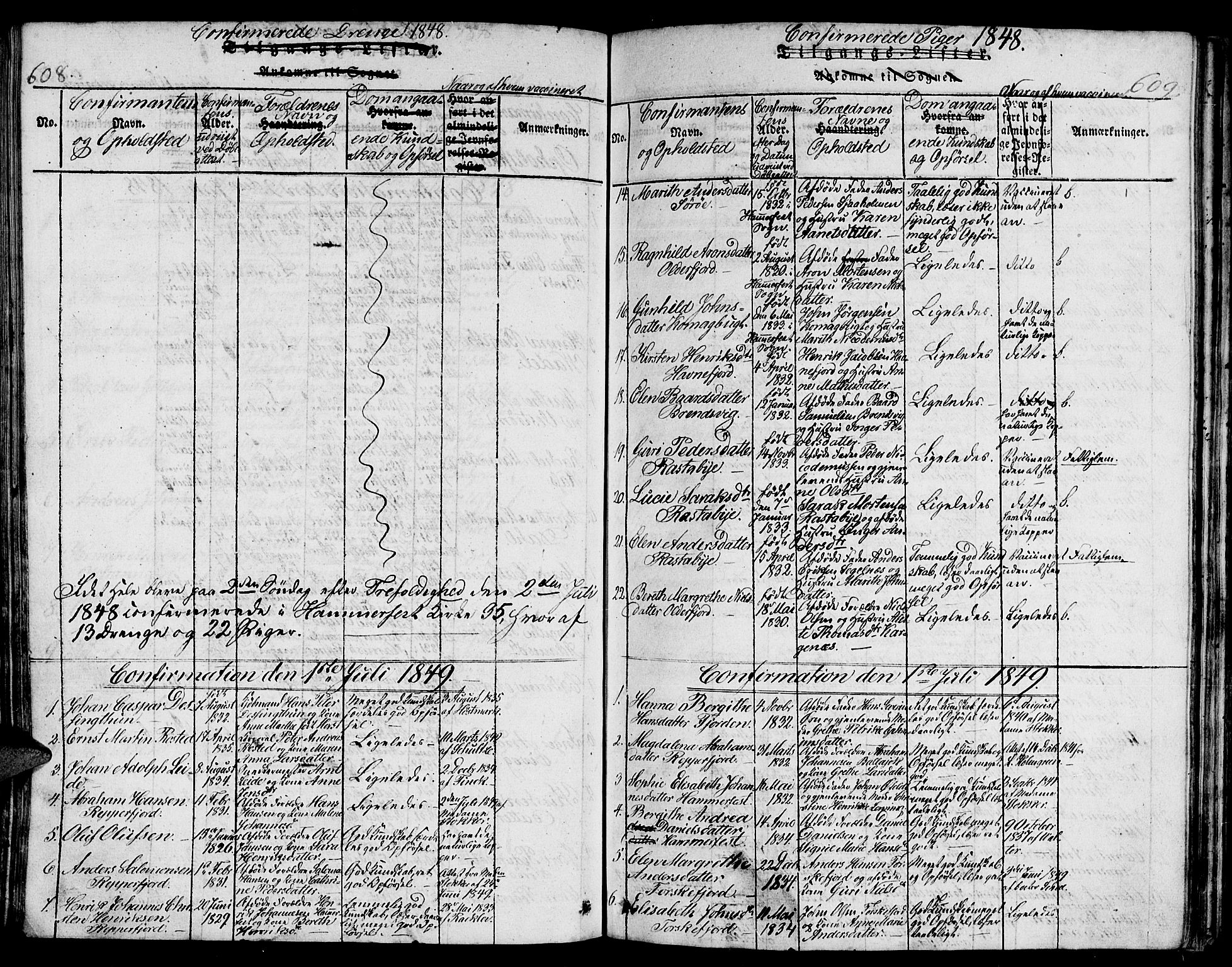 Hammerfest sokneprestkontor, SATØ/S-1347/H/Hb/L0001.klokk: Parish register (copy) no. 1, 1822-1850, p. 608-609