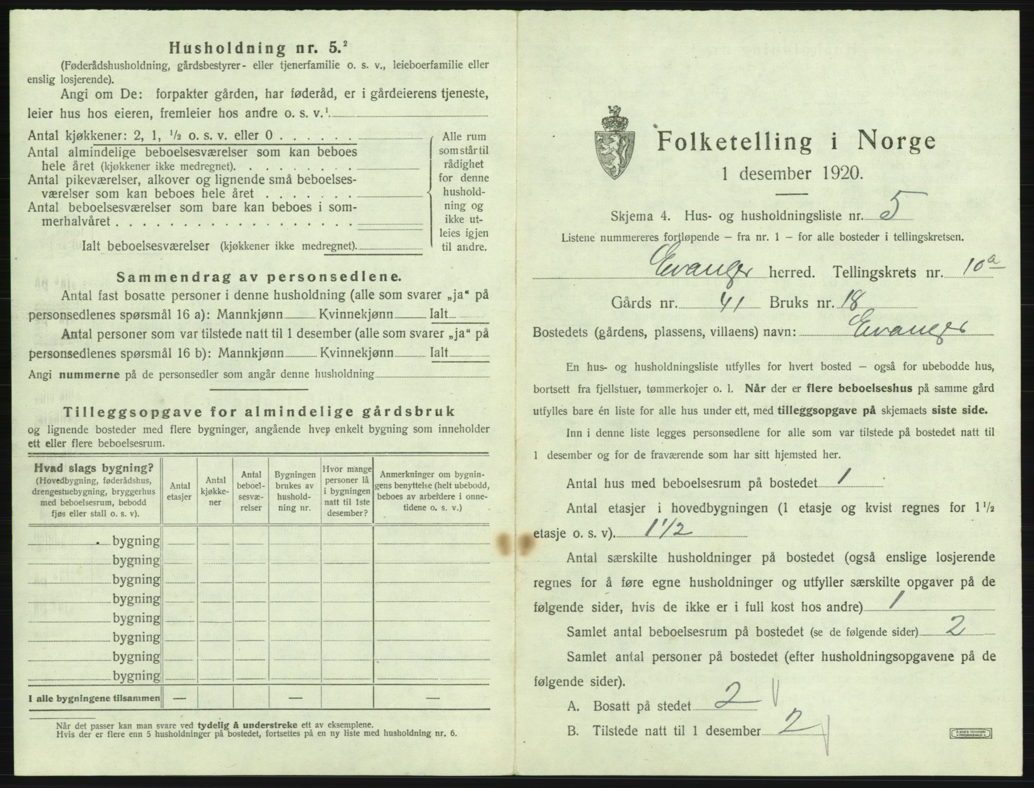 SAB, 1920 census for Evanger, 1920, p. 465