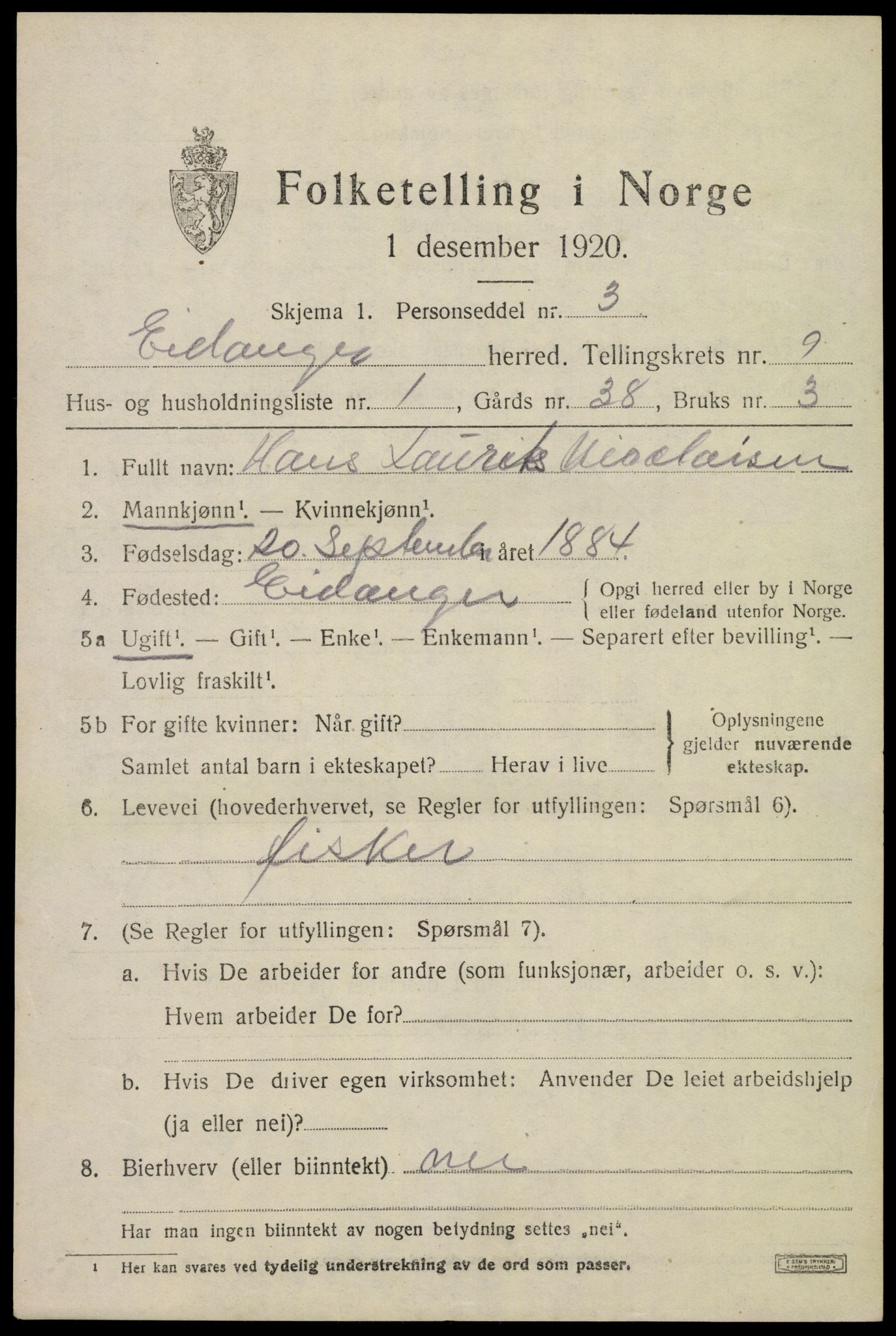 SAKO, 1920 census for Eidanger, 1920, p. 5914