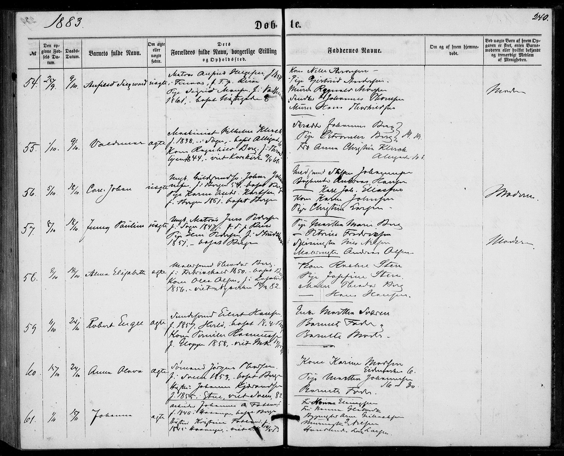 Fødselsstiftelsens sokneprestembete, ført av overlegen*, SAB/-: Parish register (official) no. A 1, 1863-1883, p. 240
