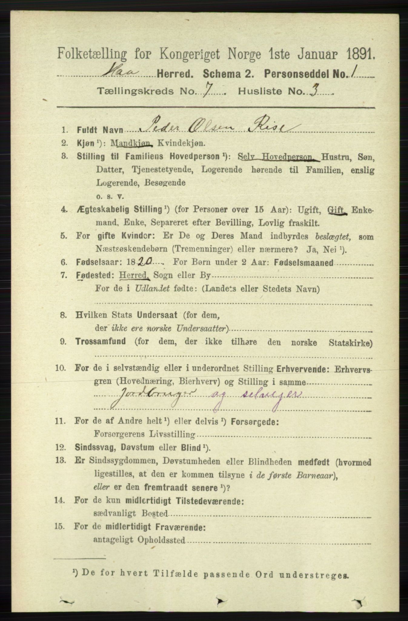 RA, 1891 census for 1119 Hå, 1891, p. 1929