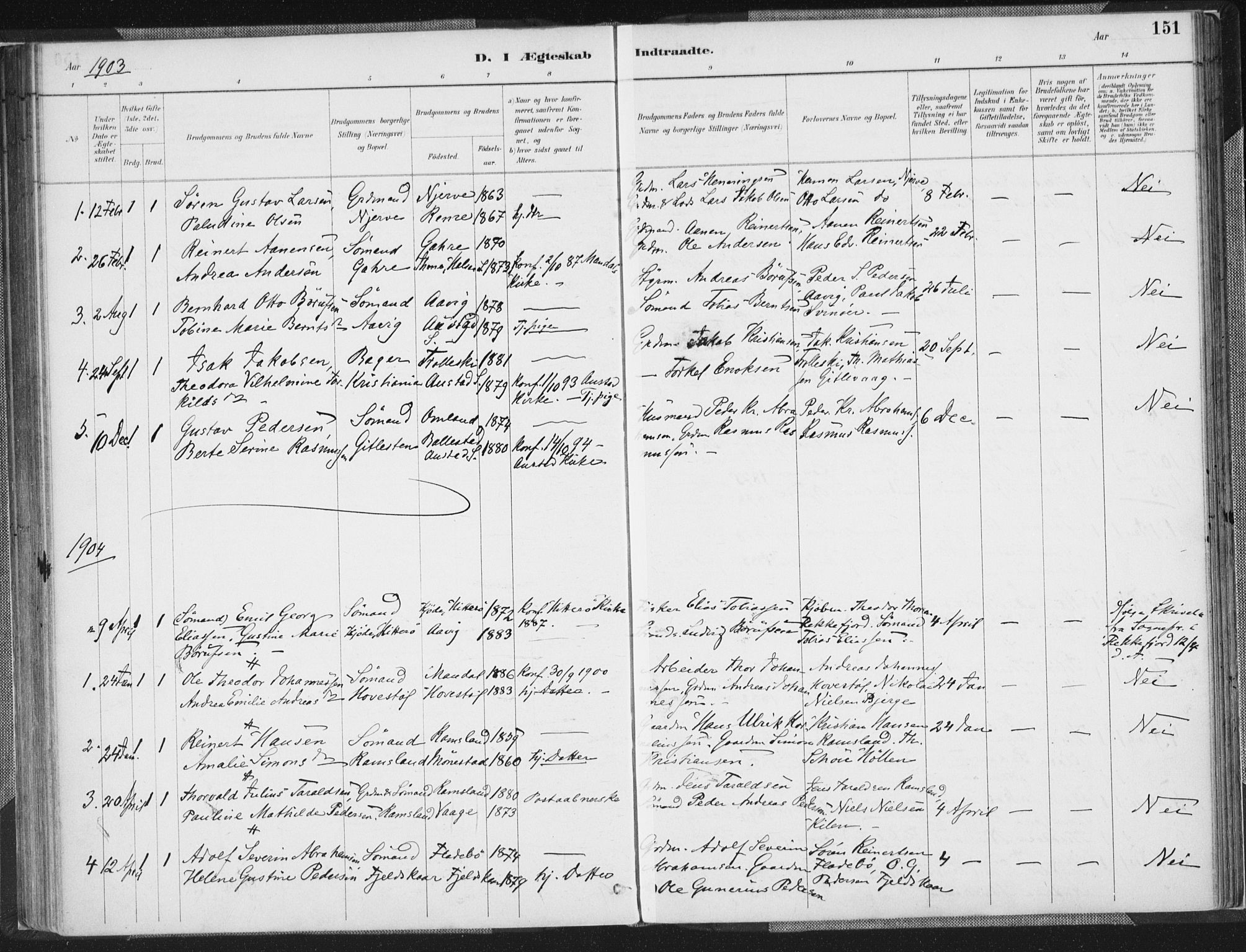 Sør-Audnedal sokneprestkontor, AV/SAK-1111-0039/F/Fa/Faa/L0004: Parish register (official) no. A 4, 1884-1909, p. 151