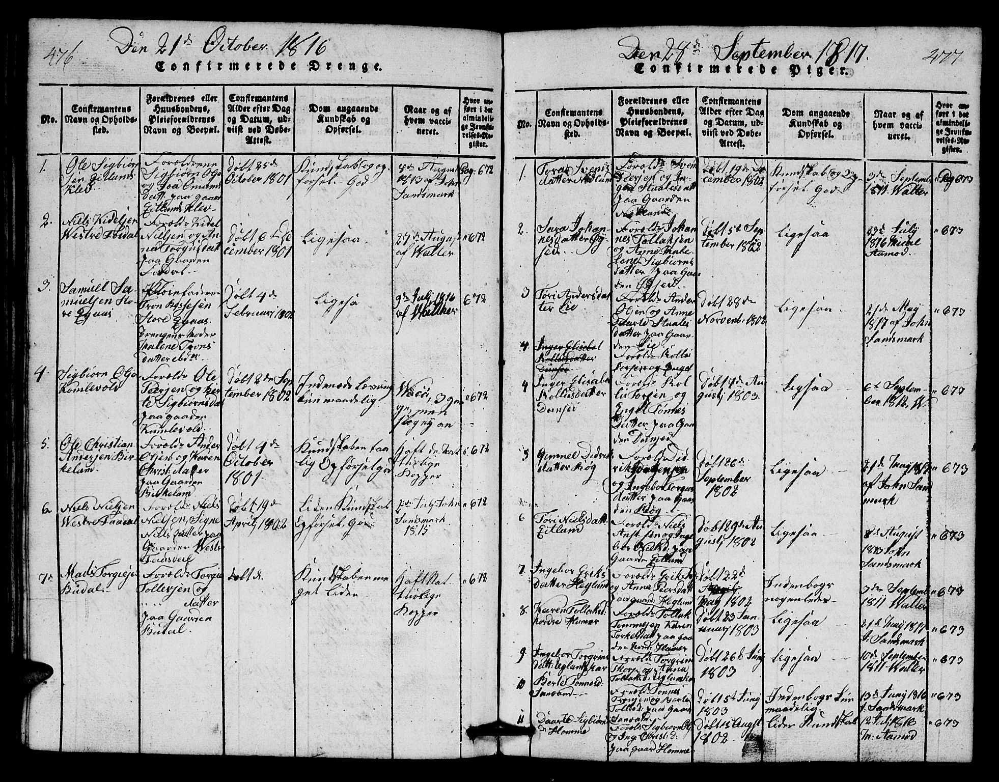 Bakke sokneprestkontor, SAK/1111-0002/F/Fb/Fbb/L0001: Parish register (copy) no. B 1, 1815-1835, p. 476-477