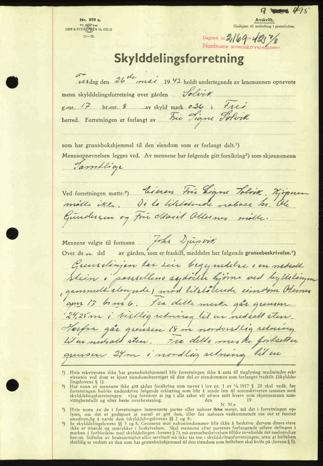 Nordmøre sorenskriveri, AV/SAT-A-4132/1/2/2Ca: Mortgage book no. A93, 1942-1942, Diary no: : 2168/1942