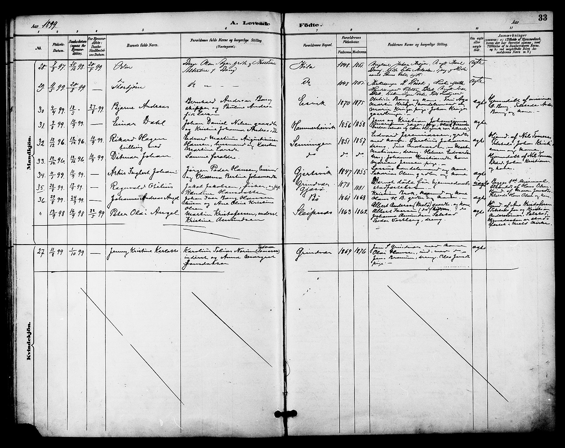 Ministerialprotokoller, klokkerbøker og fødselsregistre - Nordland, SAT/A-1459/841/L0610: Parish register (official) no. 841A14, 1890-1901, p. 33