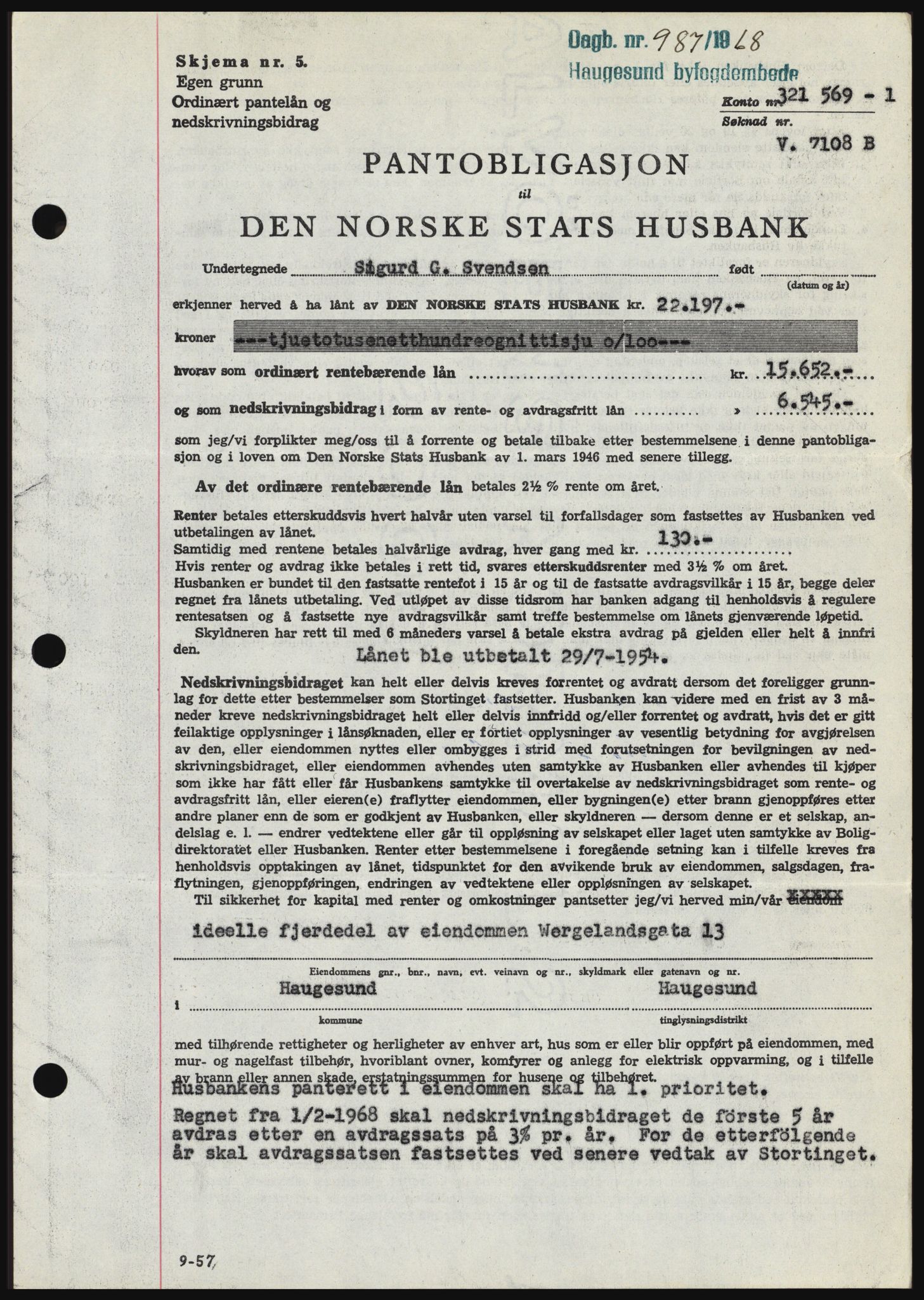 Haugesund tingrett, SAST/A-101415/01/II/IIC/L0058: Mortgage book no. B 58, 1967-1968, Diary no: : 987/1968