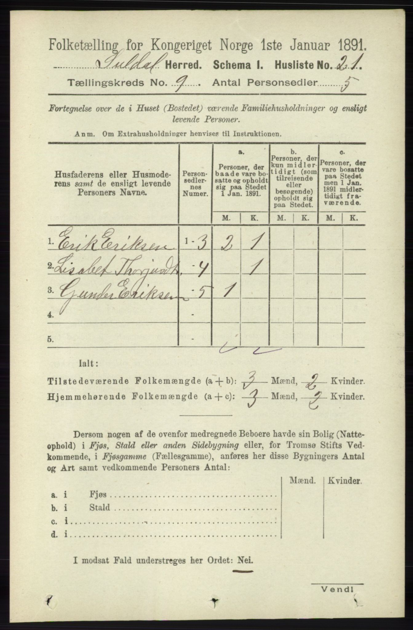 RA, 1891 census for 1134 Suldal, 1891, p. 2643