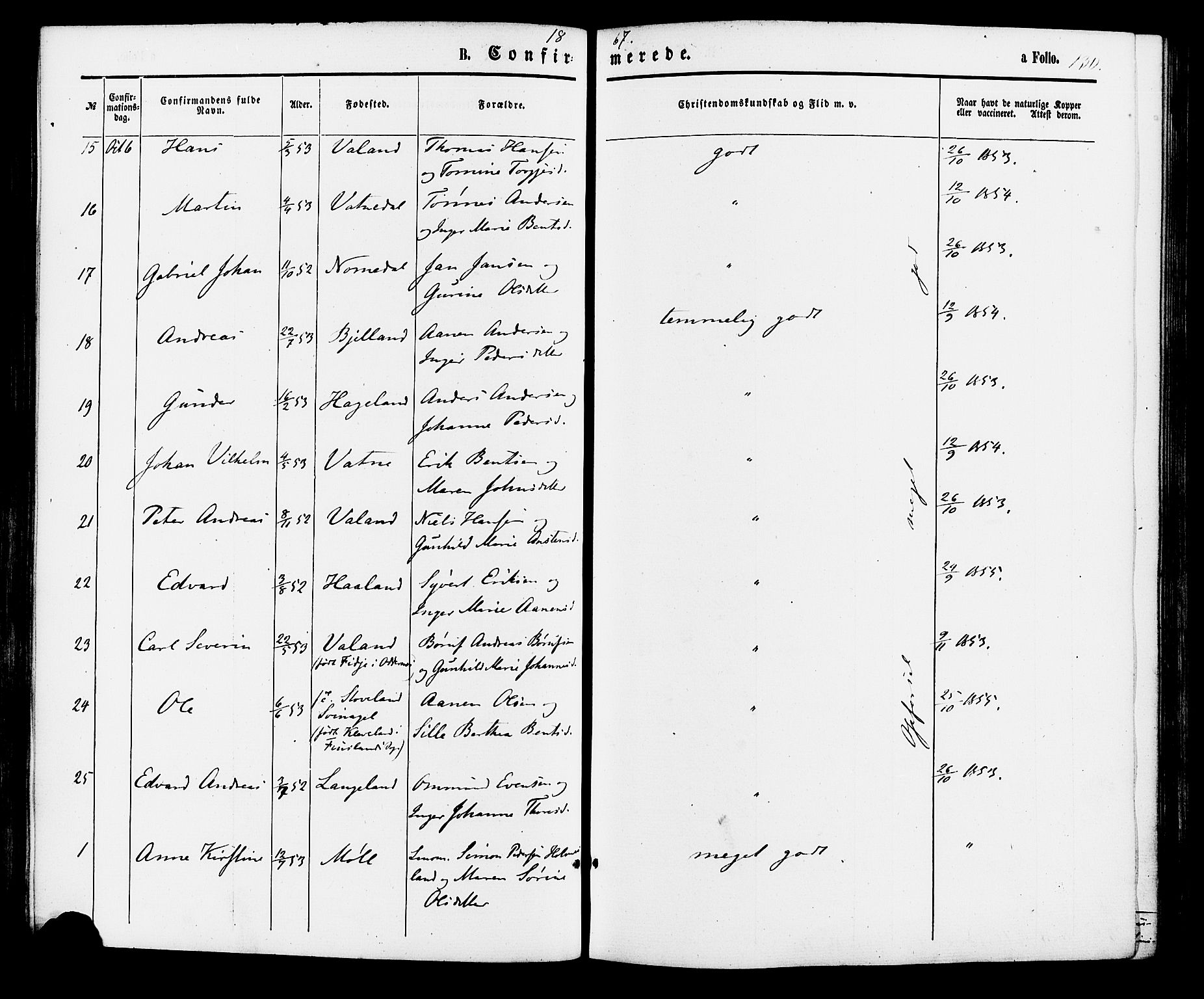 Holum sokneprestkontor, AV/SAK-1111-0022/F/Fa/Faa/L0006: Parish register (official) no. A 6, 1865-1883, p. 130