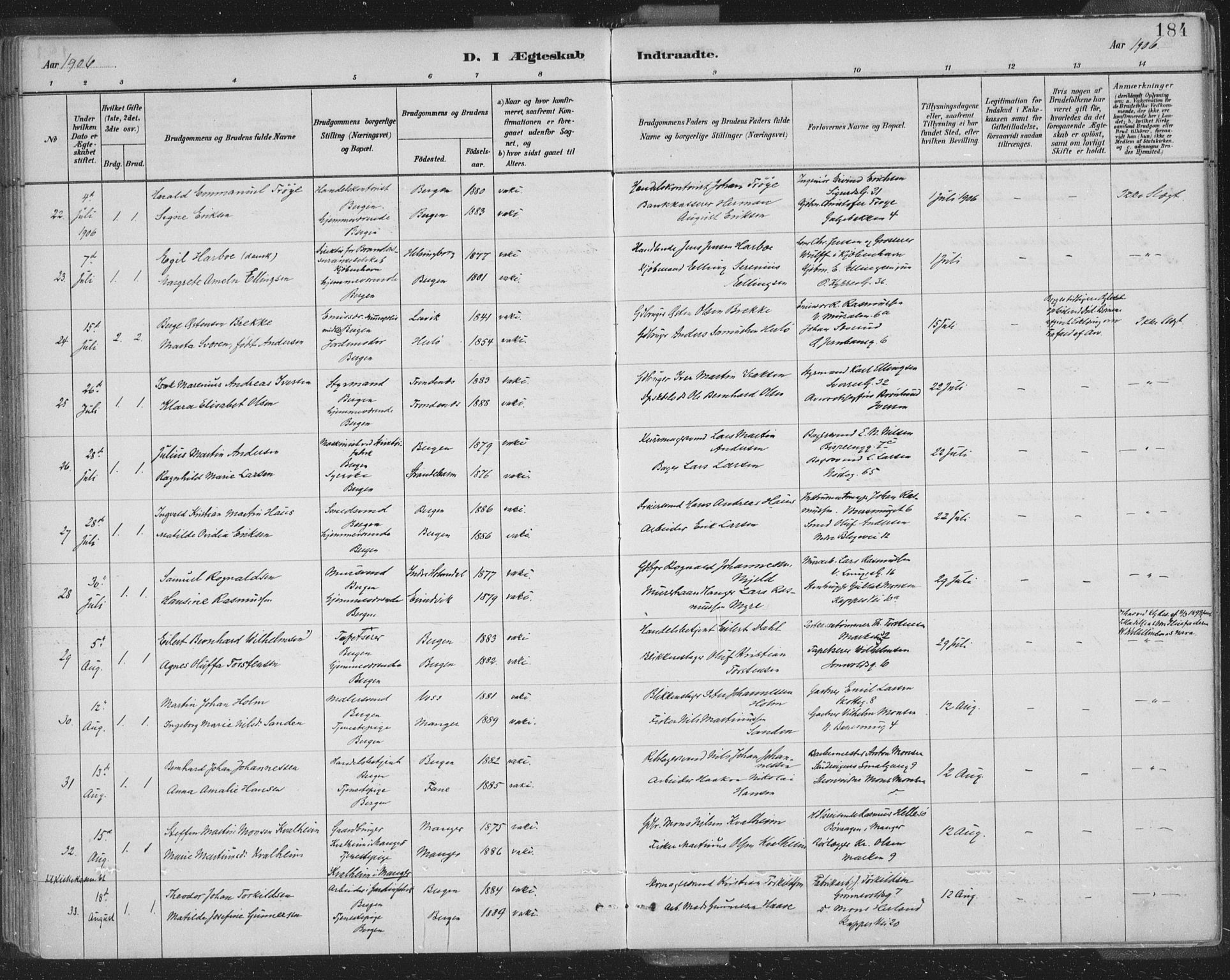 Domkirken sokneprestembete, AV/SAB-A-74801/H/Hab/L0032: Parish register (copy) no. D 4, 1880-1907, p. 184